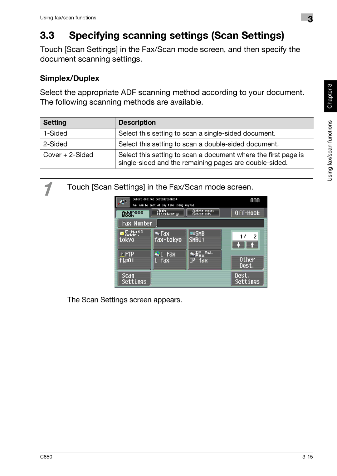 Konica Minolta C650 manual Specifying scanning settings Scan Settings, Simplex/Duplex 