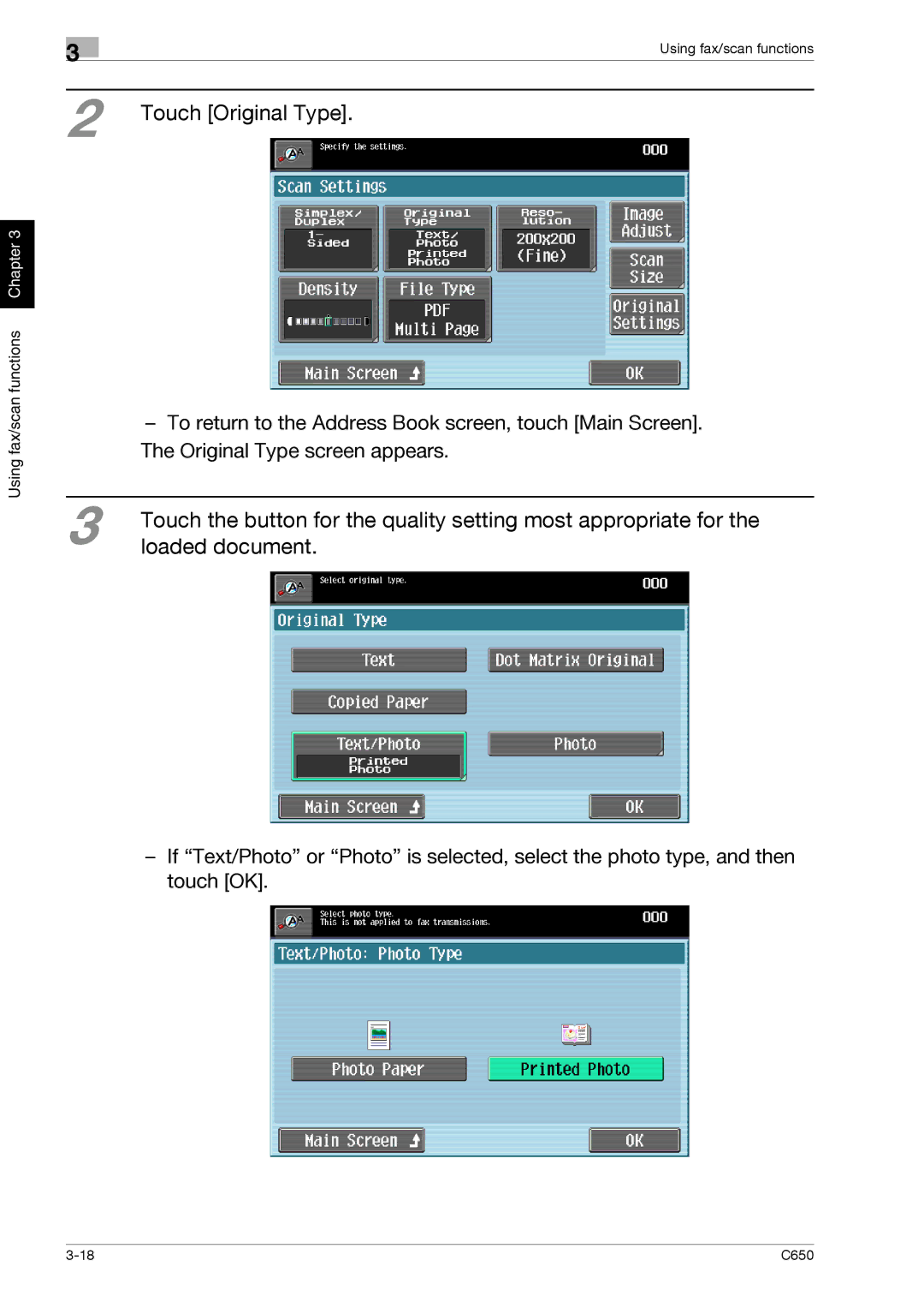 Konica Minolta C650 manual Loaded document, Touch Original Type 