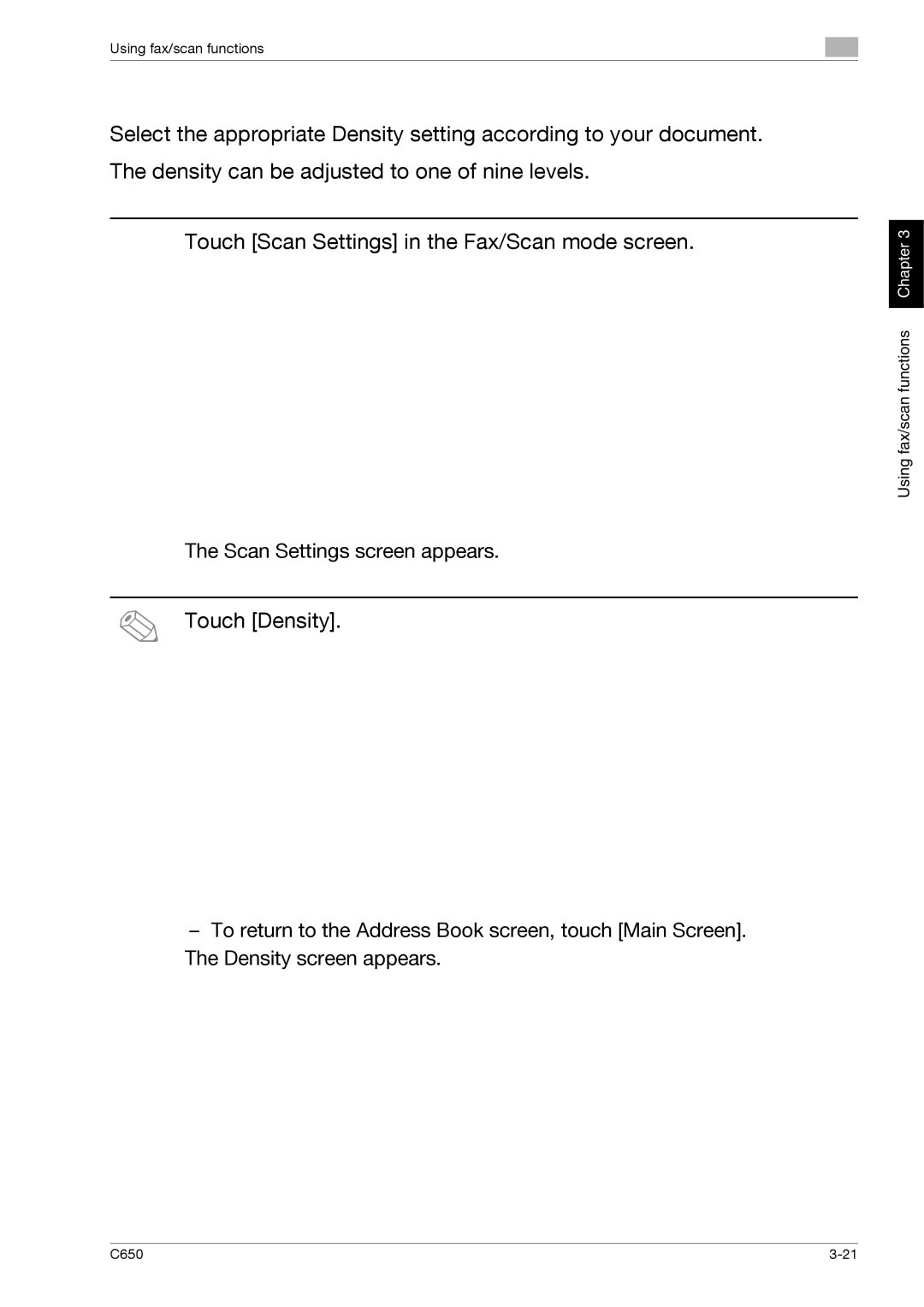 Konica Minolta C650 manual Density, Touch Scan Settings in the Fax/Scan mode screen 