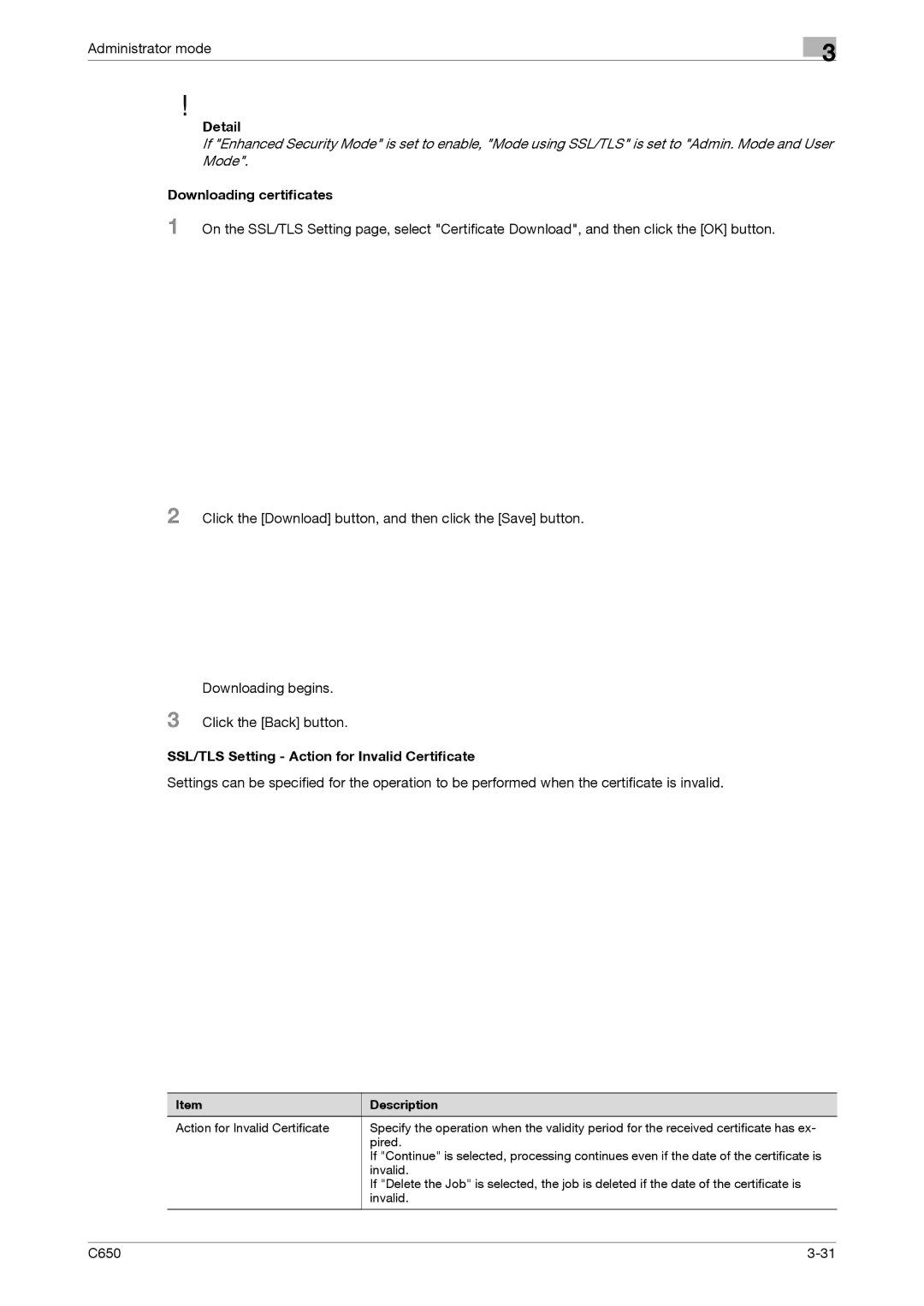 Konica Minolta C650 manual Downloading certificates, SSL/TLS Setting Action for Invalid Certificate 