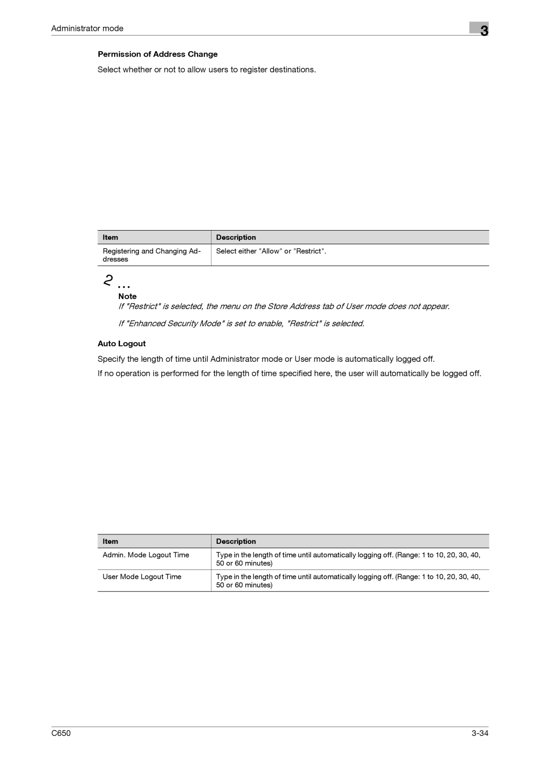 Konica Minolta C650 manual Permission of Address Change, Auto Logout 