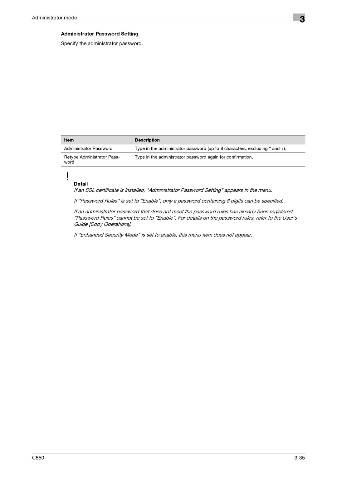 Konica Minolta C650 manual Administrator Password Setting, Specify the administrator password 