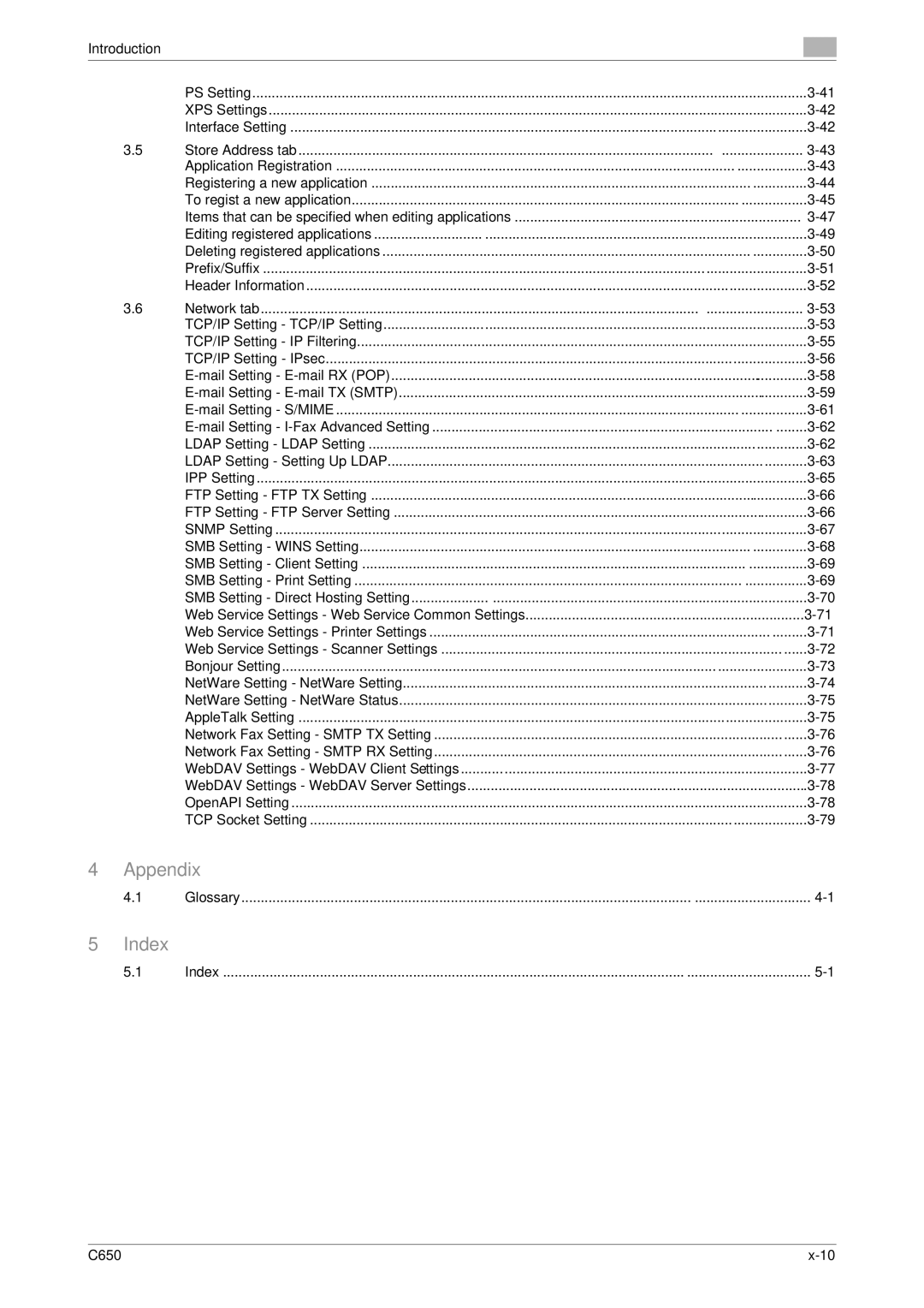 Konica Minolta C650 manual Introduction PS Setting XPS Settings Interface Setting, Network tab, Glossary, Index 