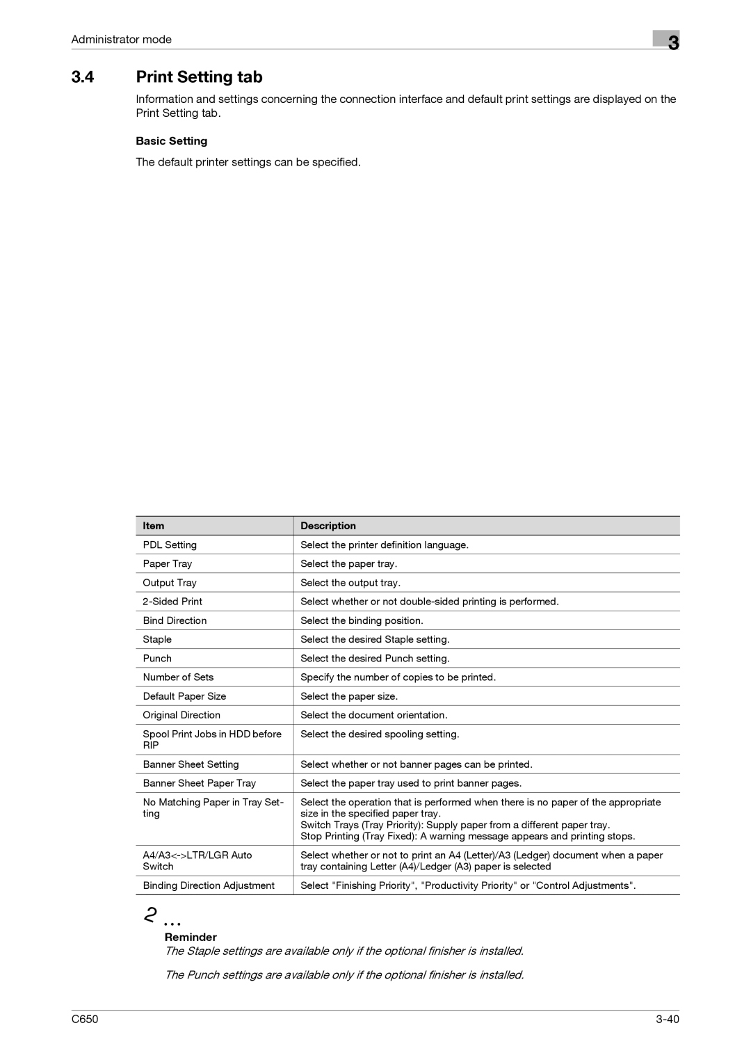 Konica Minolta C650 manual Print Setting tab, Basic Setting, Default printer settings can be specified, Rip 