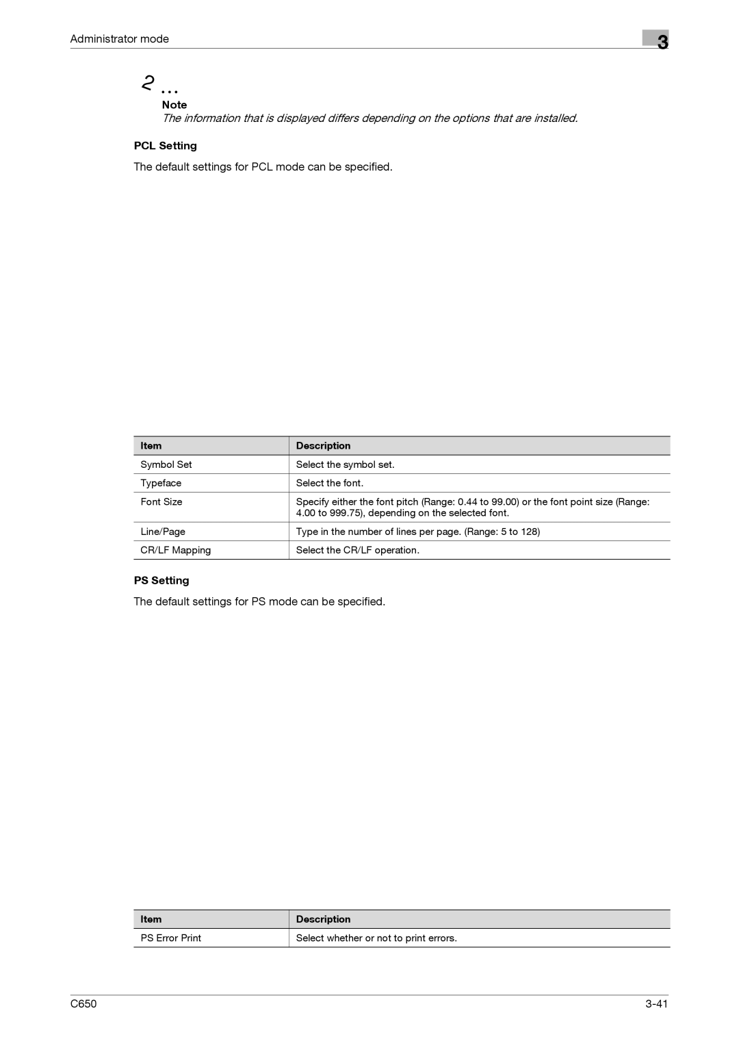 Konica Minolta C650 manual PCL Setting, Default settings for PCL mode can be specified, PS Setting 