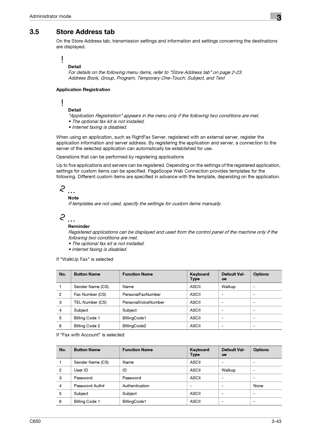 Konica Minolta C650 Application Registration Detail, If WalkUp Fax is selected, If Fax with Account is selected, Ascii 