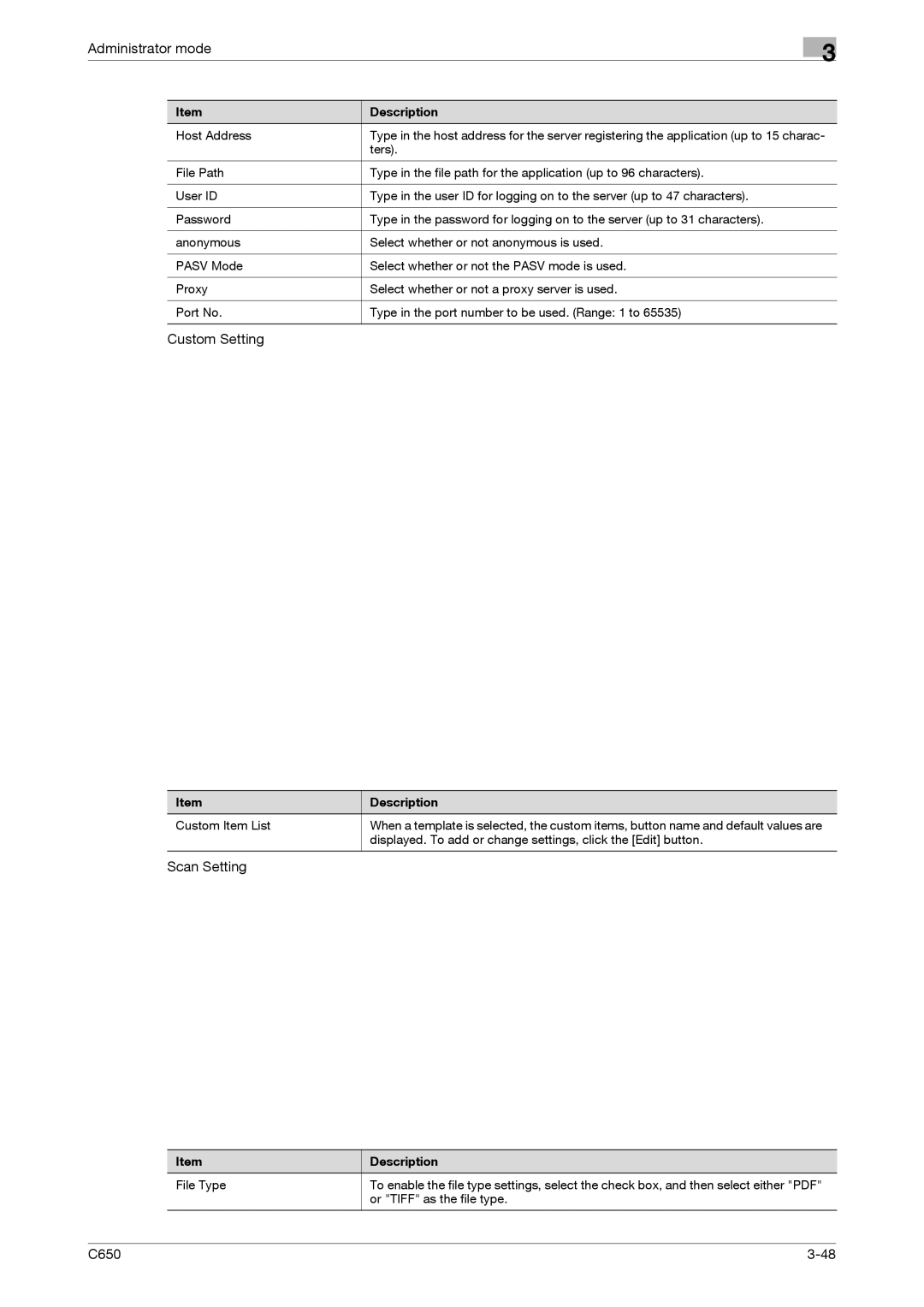 Konica Minolta C650 manual Custom Setting, Scan Setting 