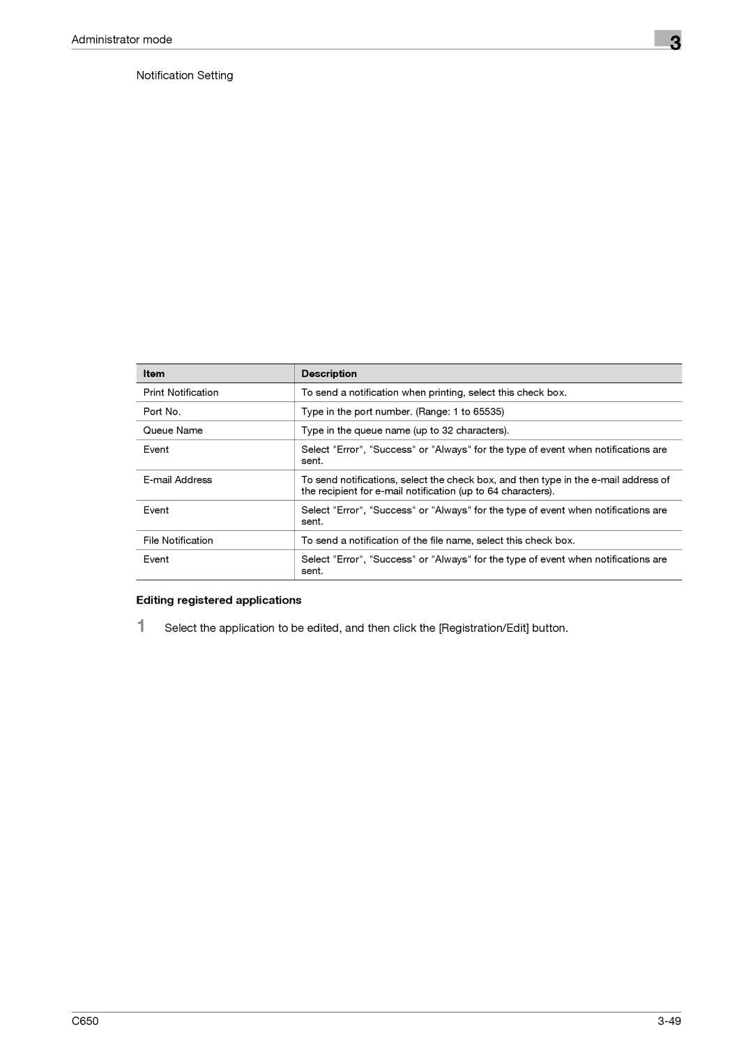 Konica Minolta C650 manual Administrator mode Notification Setting, Editing registered applications 