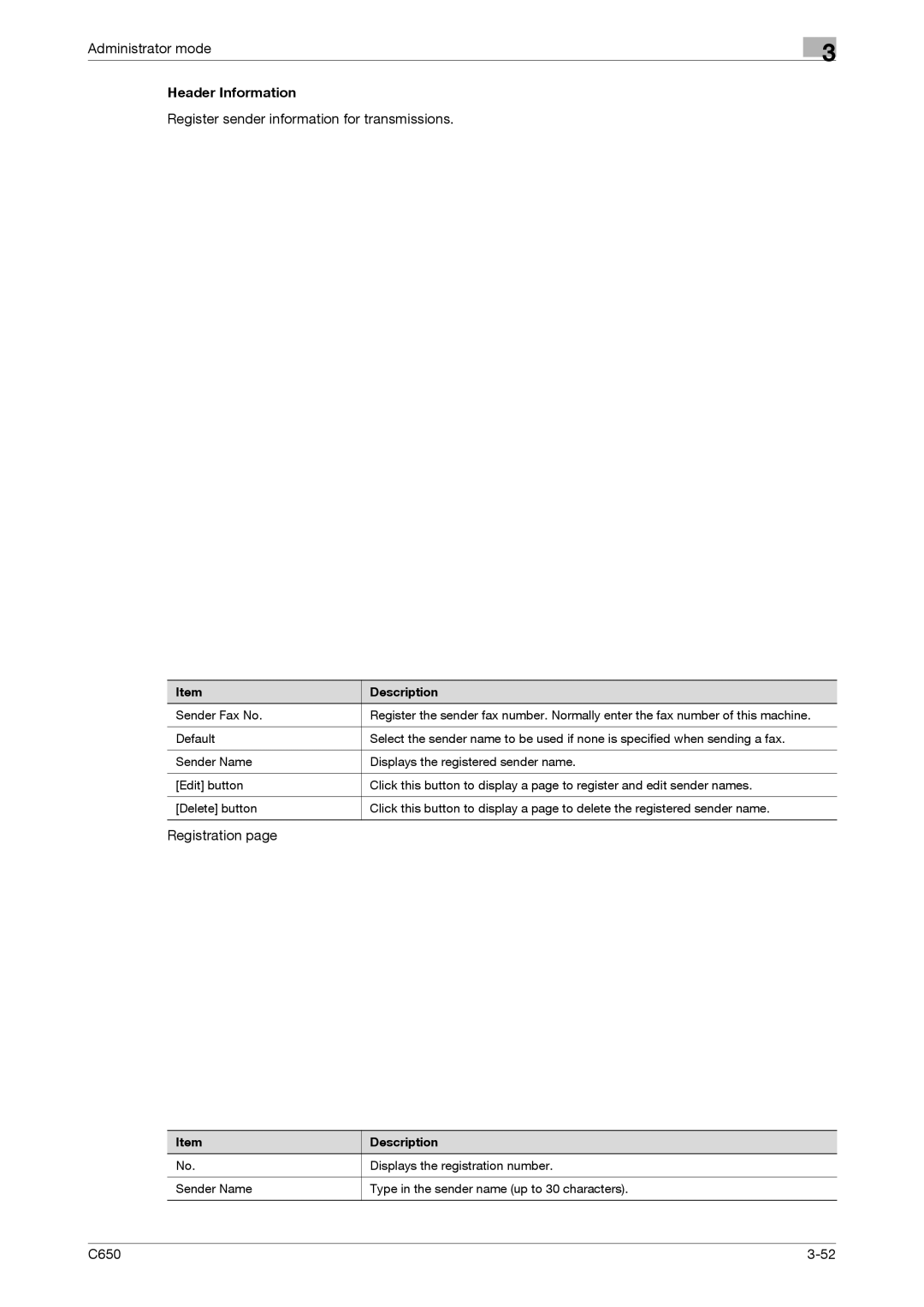 Konica Minolta C650 manual Header Information, Register sender information for transmissions 