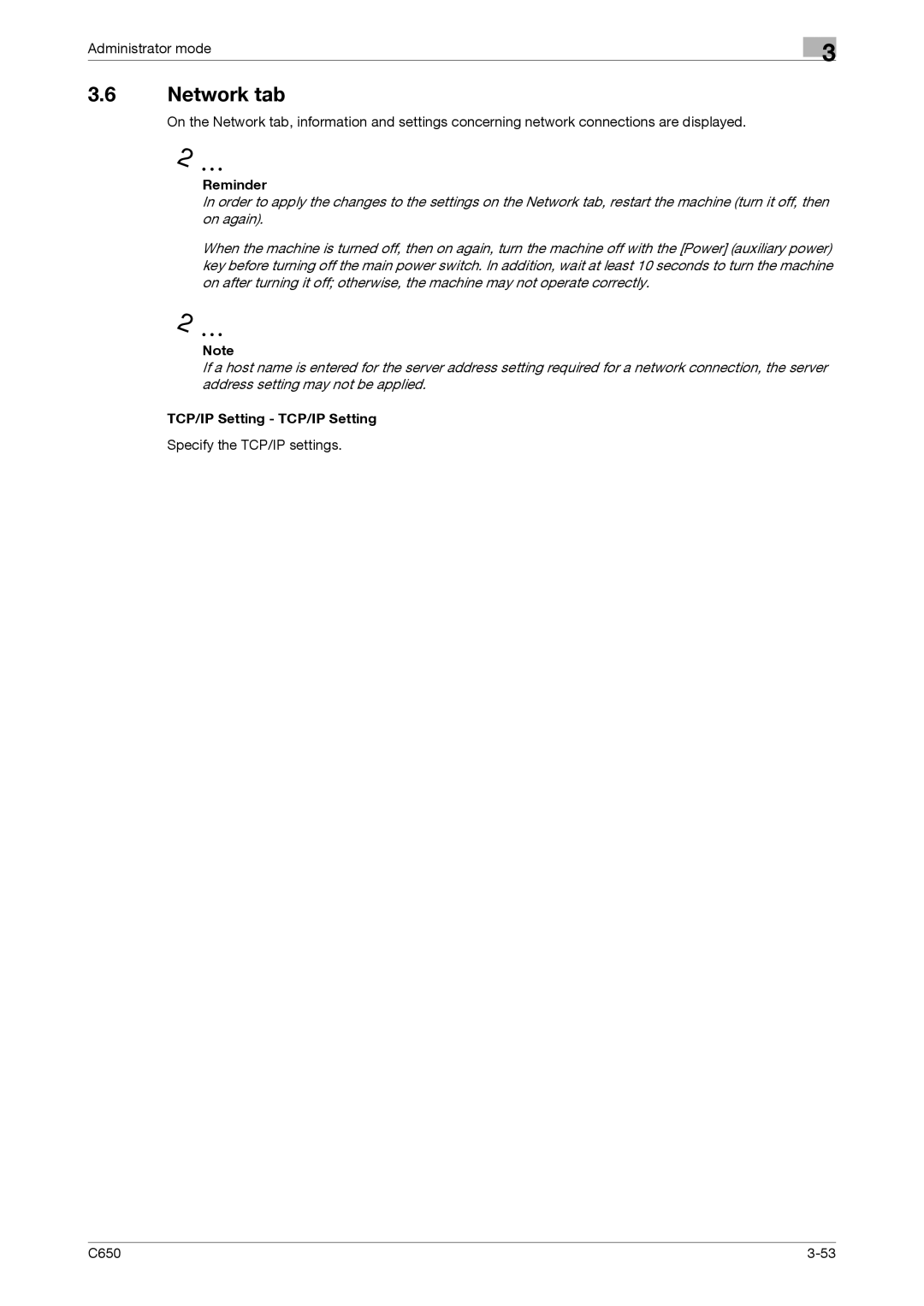 Konica Minolta manual Network tab, TCP/IP Setting TCP/IP Setting, Specify the TCP/IP settings C650 