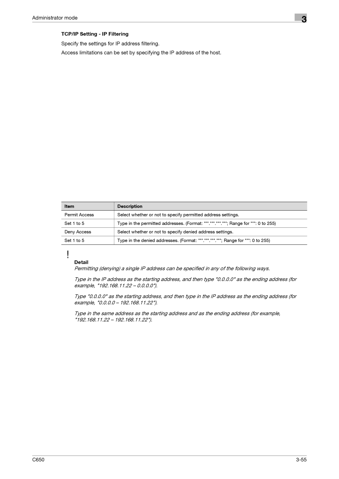 Konica Minolta C650 manual TCP/IP Setting IP Filtering, Detail 