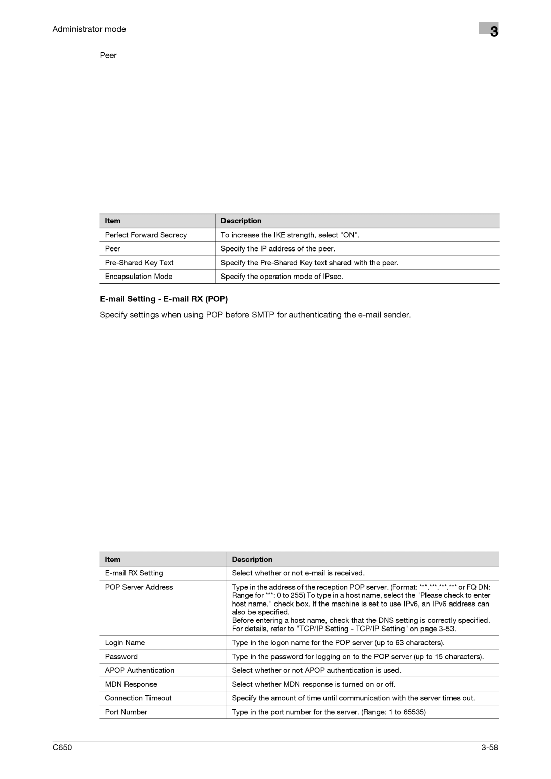 Konica Minolta C650 manual Administrator mode Peer, Mail Setting E-mail RX POP 