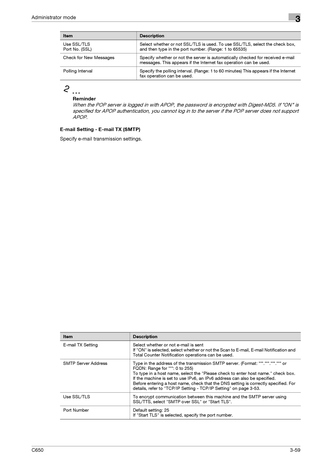 Konica Minolta C650 manual Mail Setting E-mail TX Smtp, Specify e-mail transmission settings 