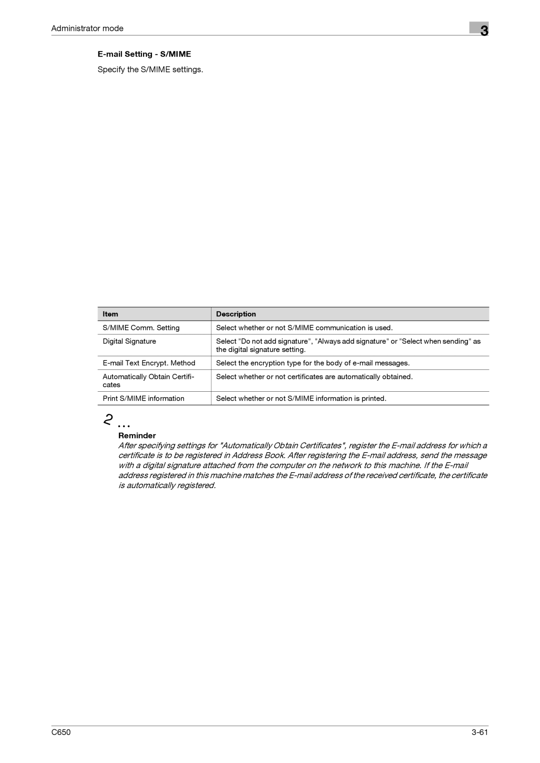 Konica Minolta C650 manual Mail Setting S/MIME, Specify the S/MIME settings 