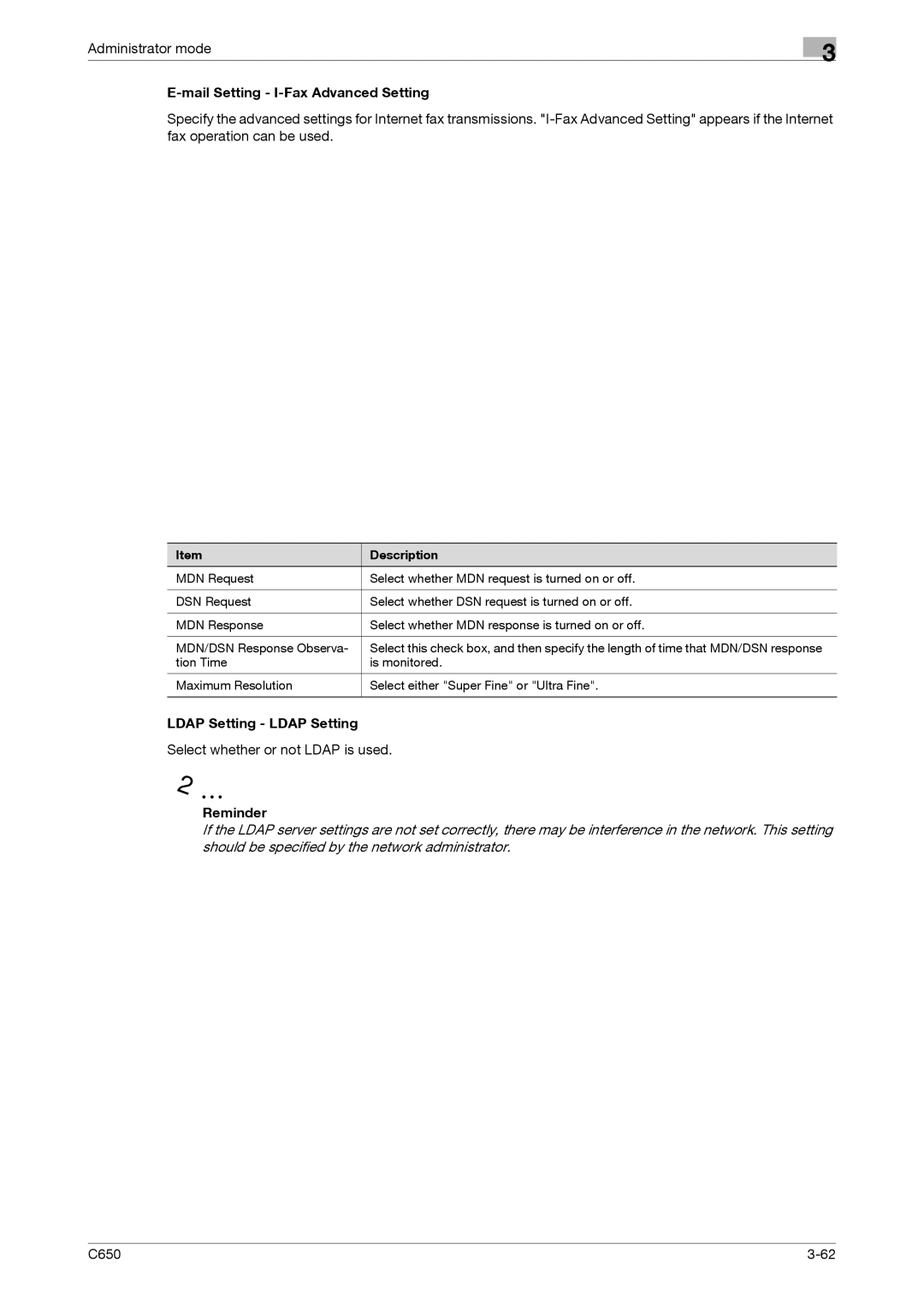 Konica Minolta C650 Mail Setting I-Fax Advanced Setting, Ldap Setting Ldap Setting, Select whether or not Ldap is used 