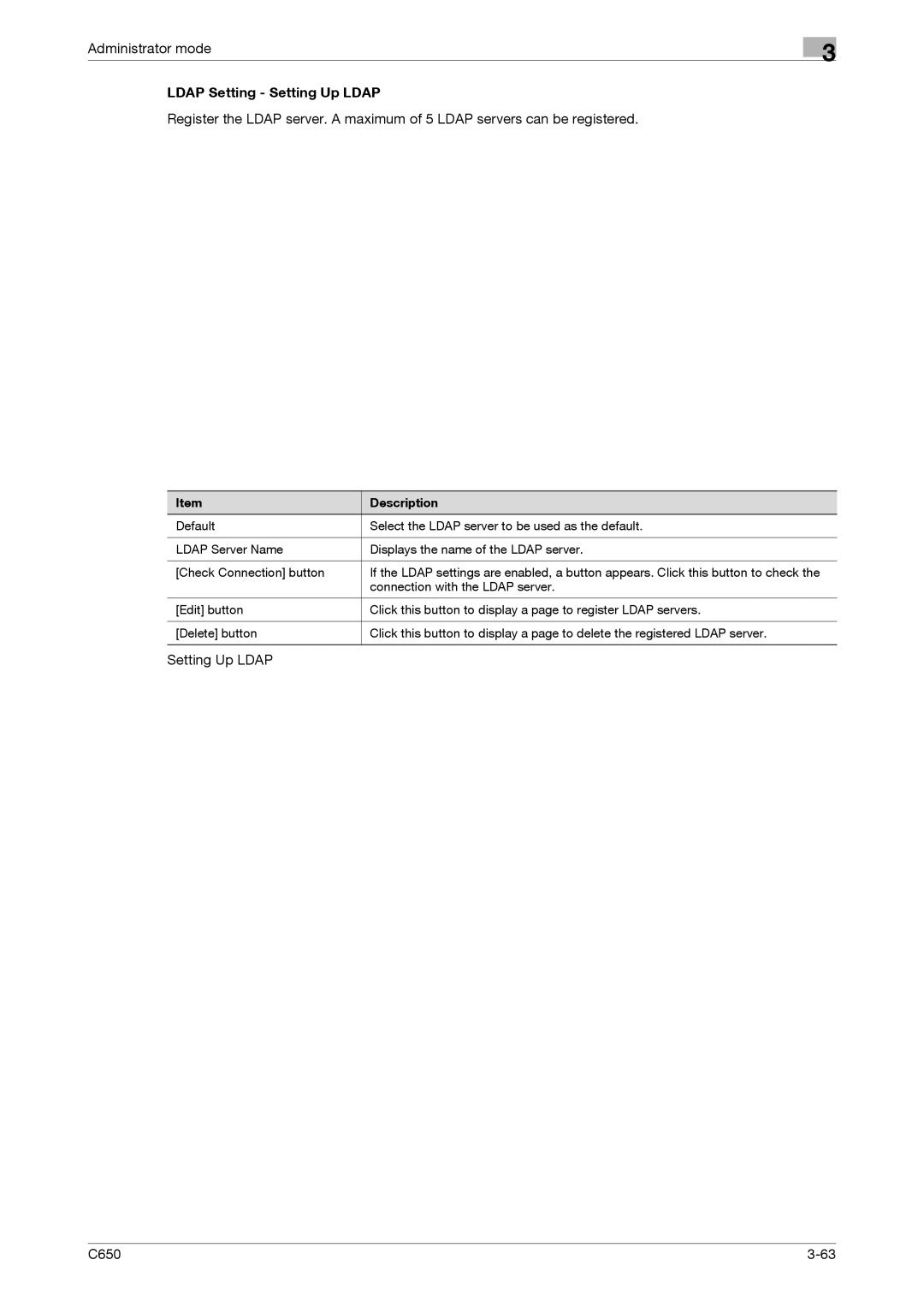 Konica Minolta manual Ldap Setting Setting Up Ldap, Setting Up Ldap C650 