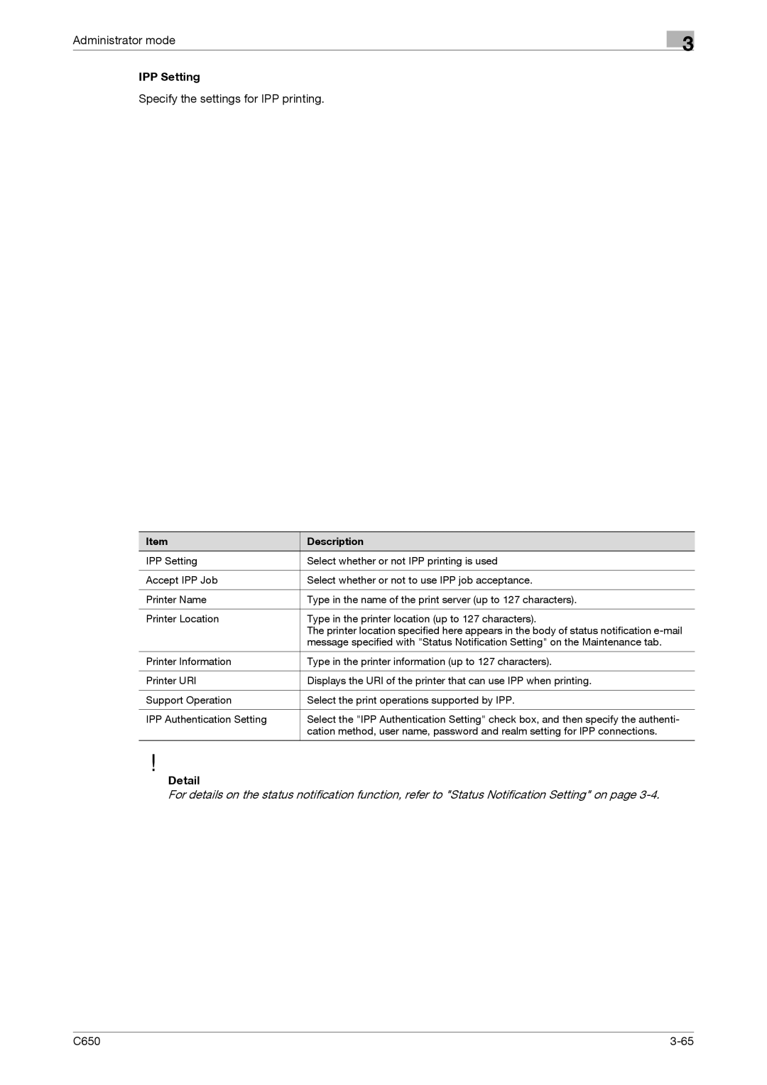 Konica Minolta C650 manual IPP Setting, Specify the settings for IPP printing 