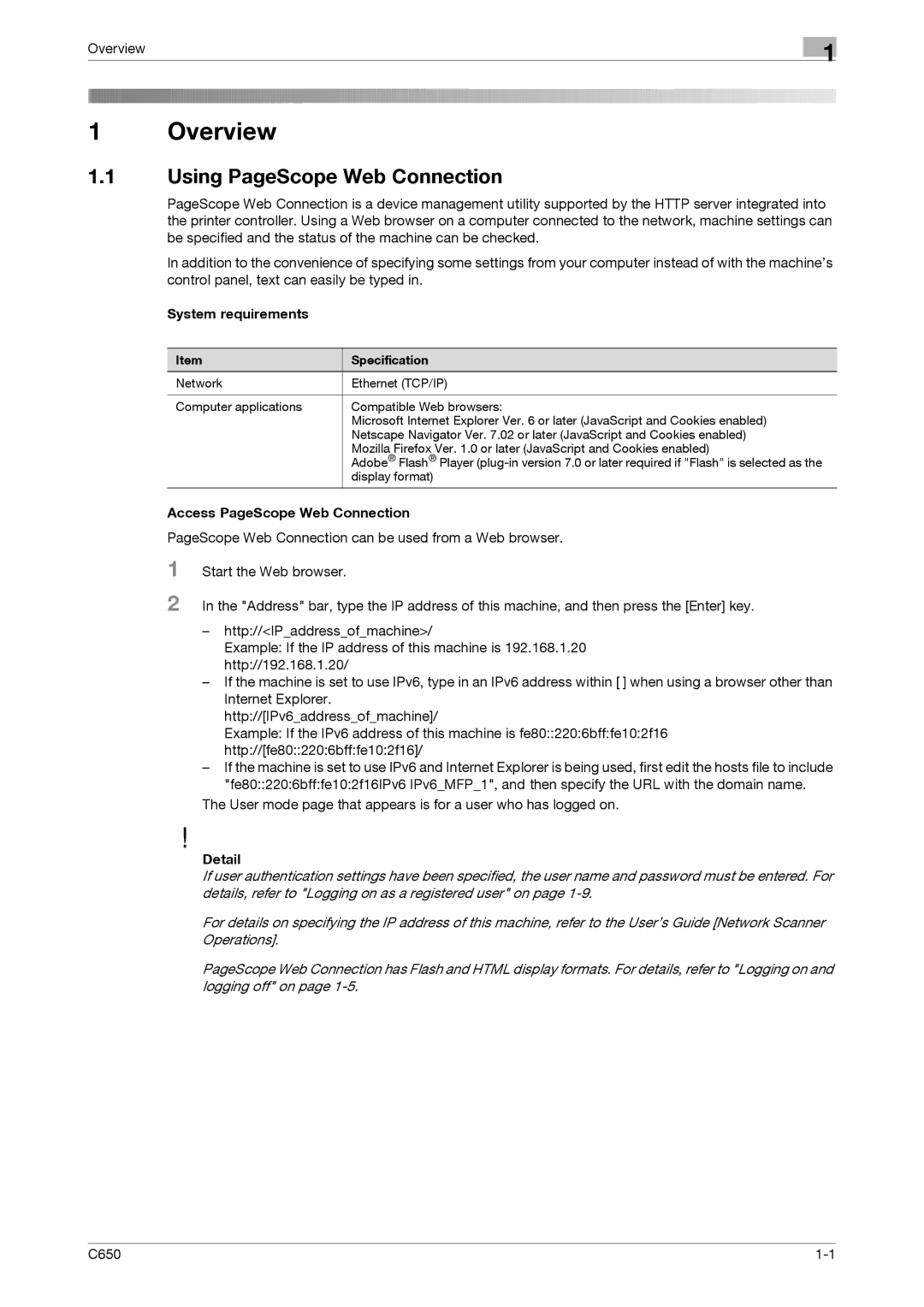 Konica Minolta C650 manual Using PageScope Web Connection, System requirements, Access PageScope Web Connection, Detail 