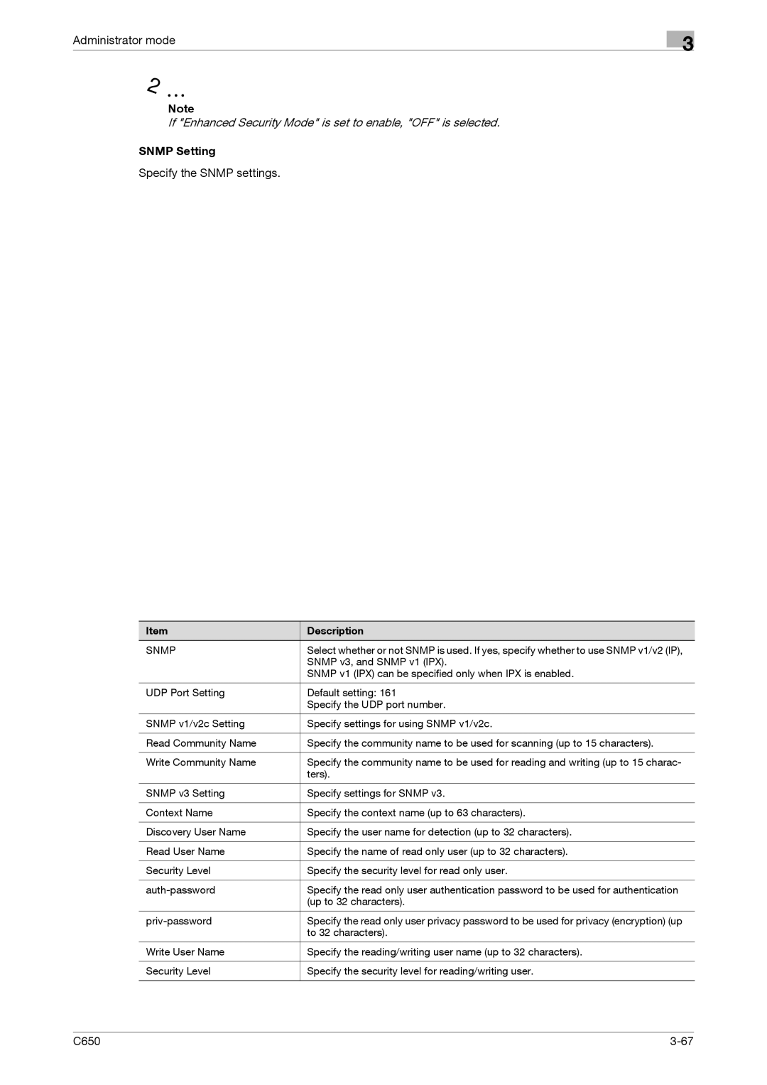 Konica Minolta C650 manual Snmp Setting, Specify the Snmp settings 