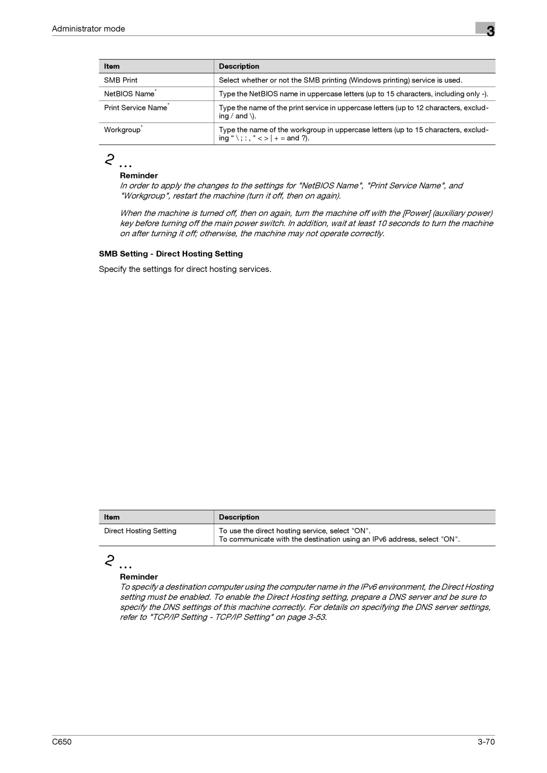 Konica Minolta C650 manual SMB Setting Direct Hosting Setting, Specify the settings for direct hosting services 