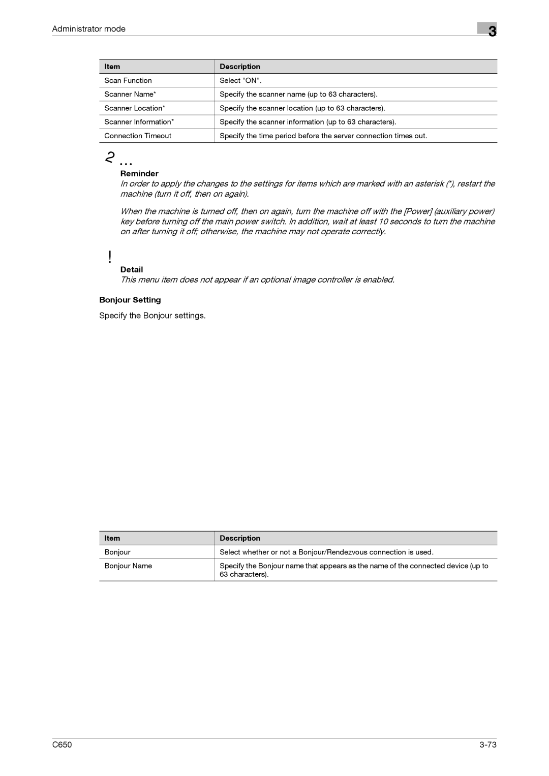 Konica Minolta C650 manual Bonjour Setting, Specify the Bonjour settings 