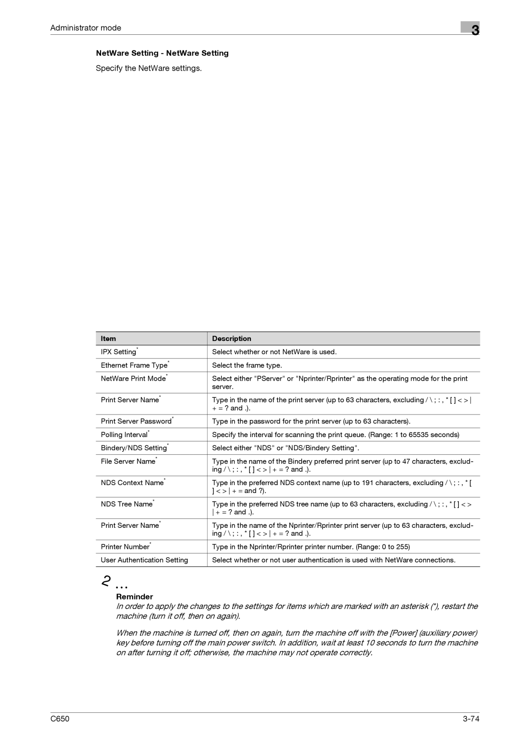 Konica Minolta C650 manual NetWare Setting NetWare Setting, Specify the NetWare settings 