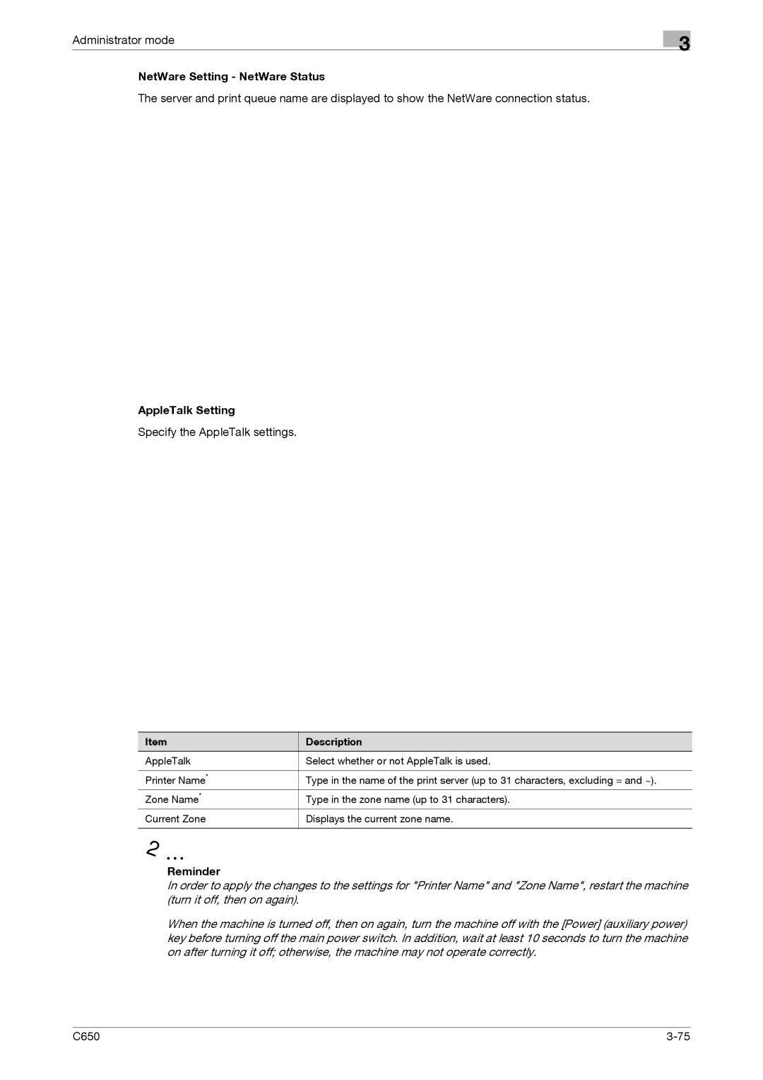 Konica Minolta C650 manual NetWare Setting NetWare Status, AppleTalk Setting, Specify the AppleTalk settings 