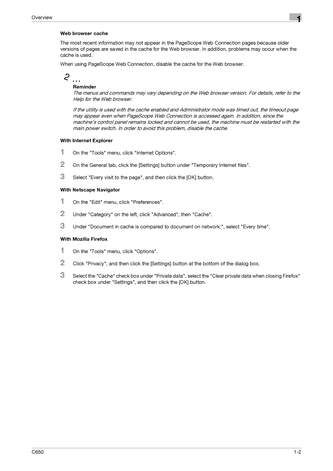 Konica Minolta C650 Web browser cache, Reminder, With Internet Explorer, With Netscape Navigator, With Mozilla Firefox 