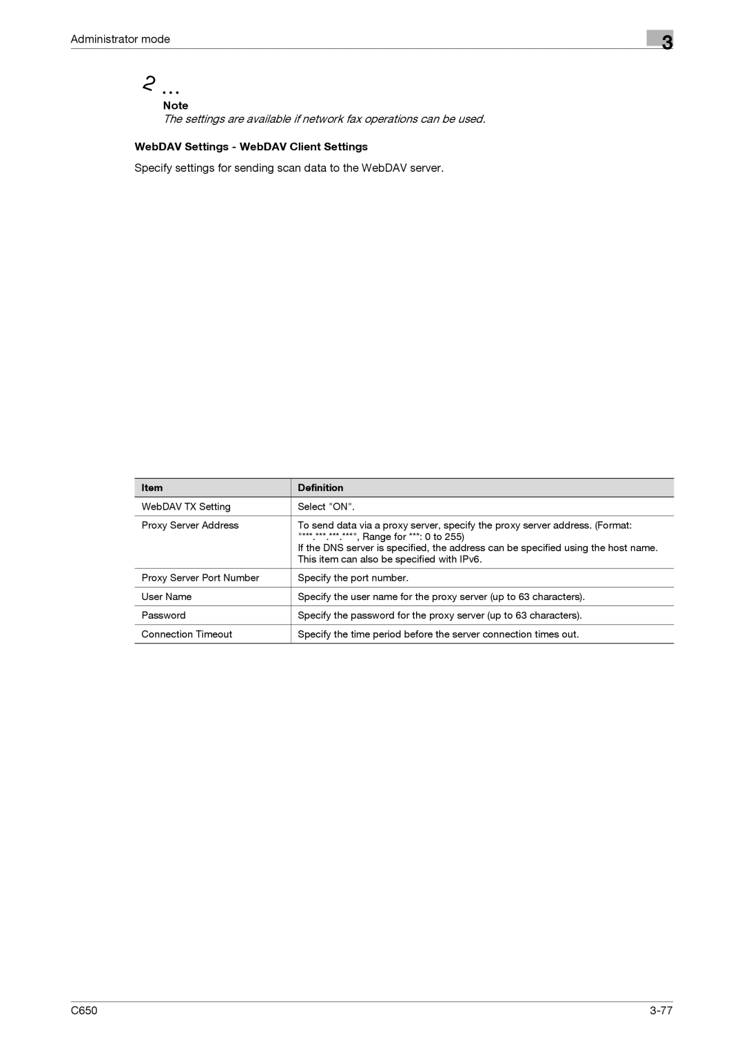 Konica Minolta C650 WebDAV Settings WebDAV Client Settings, Specify settings for sending scan data to the WebDAV server 