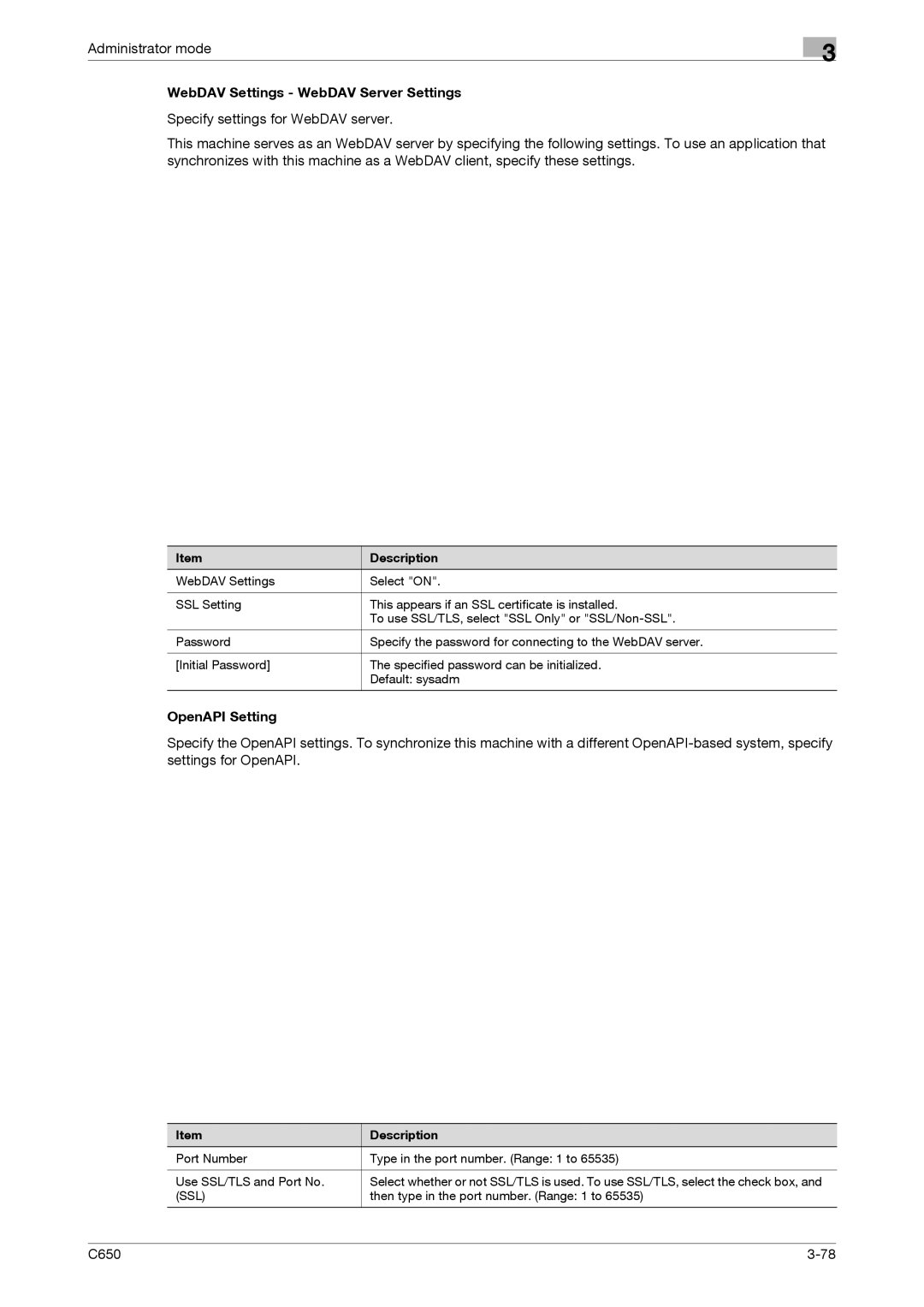 Konica Minolta C650 manual WebDAV Settings WebDAV Server Settings, OpenAPI Setting, Ssl 