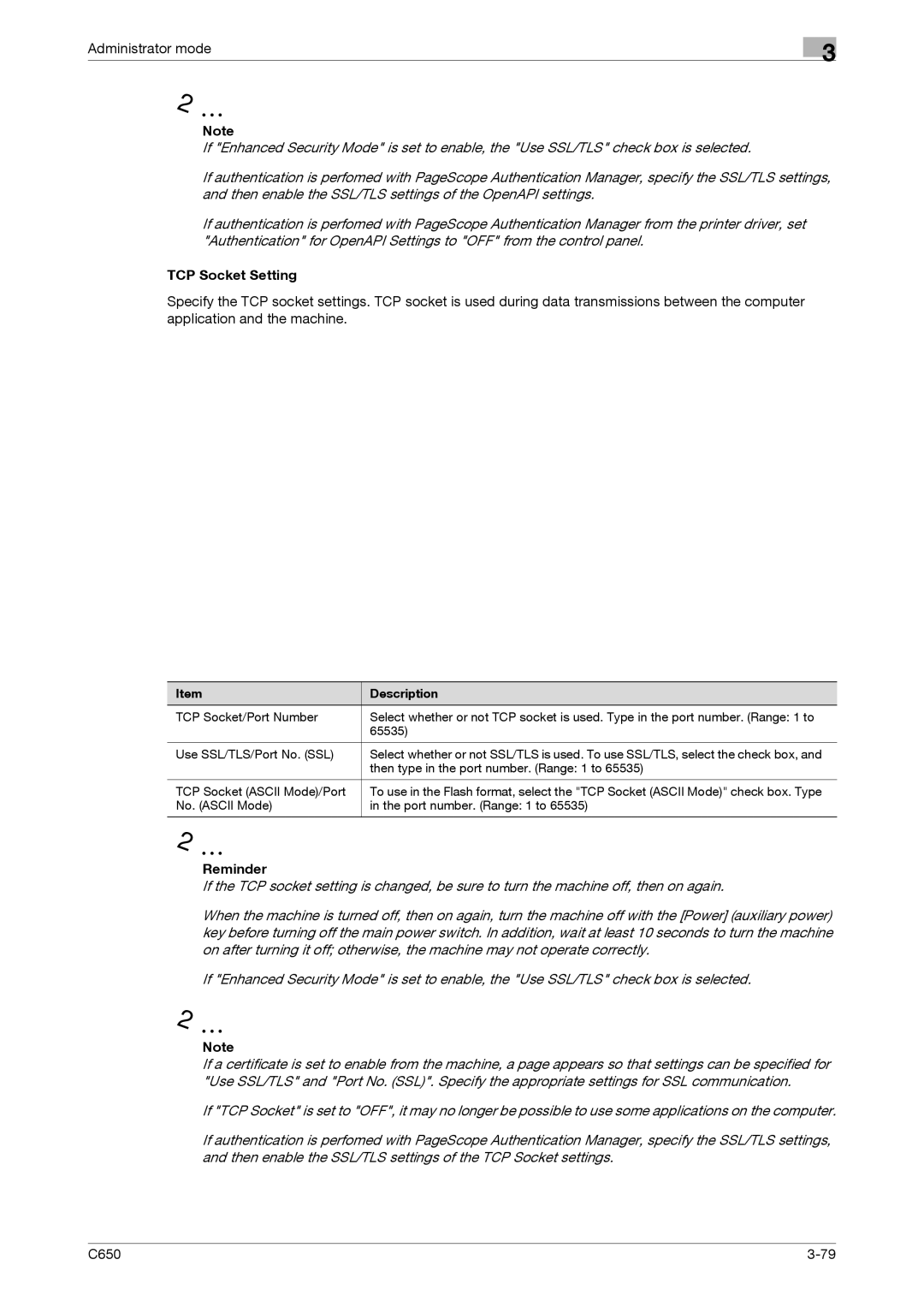 Konica Minolta C650 manual TCP Socket Setting, Reminder 