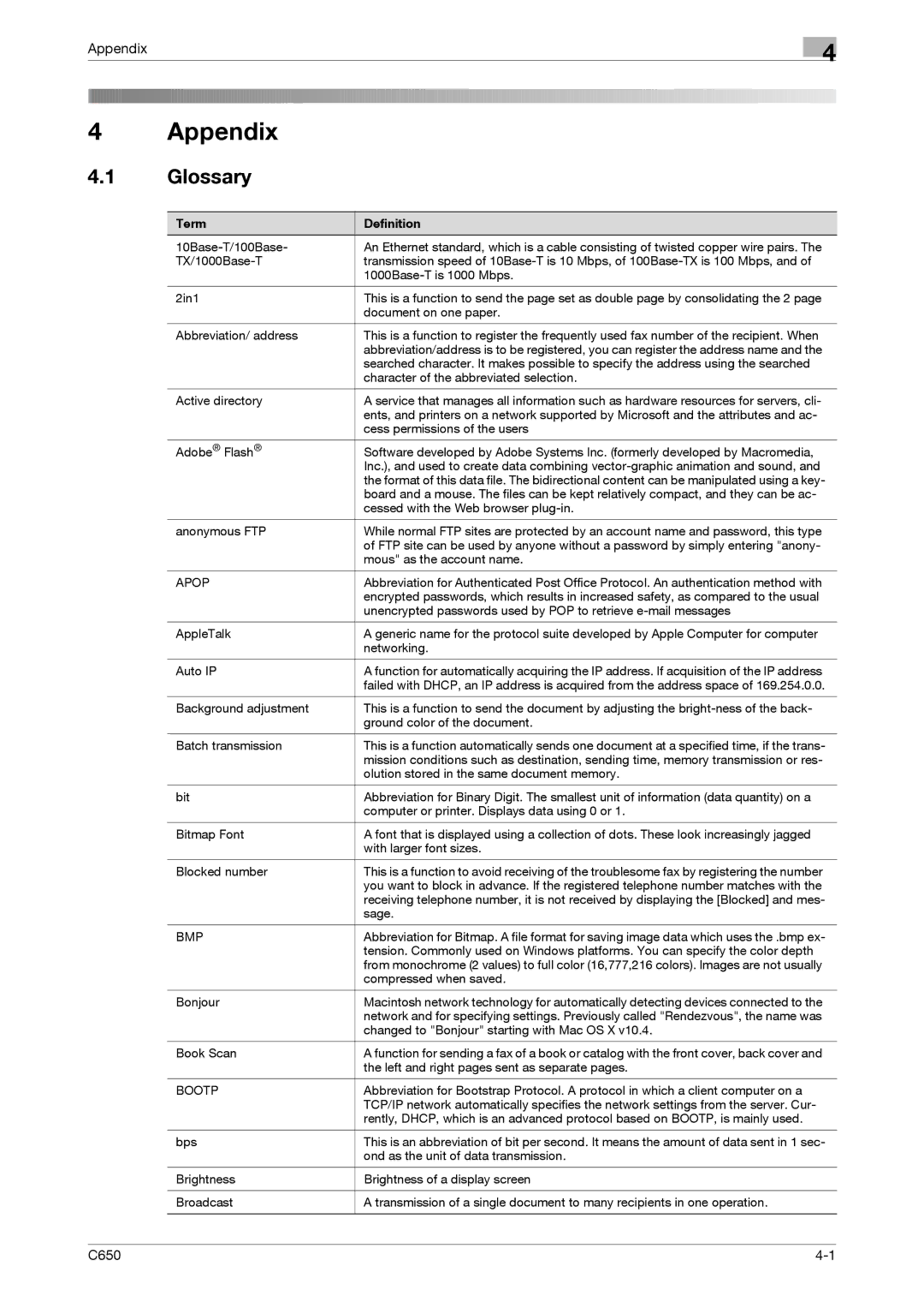 Konica Minolta C650 manual Glossary, Appendix, Apop, Bmp, Bootp 