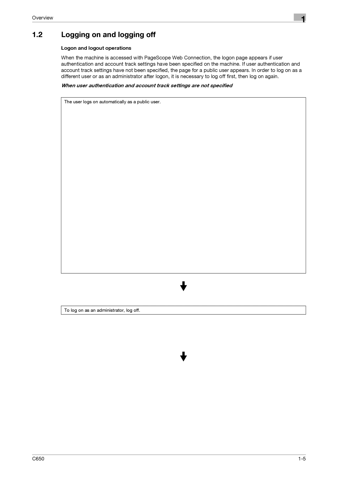 Konica Minolta C650 manual Logging on and logging off, Logon and logout operations 