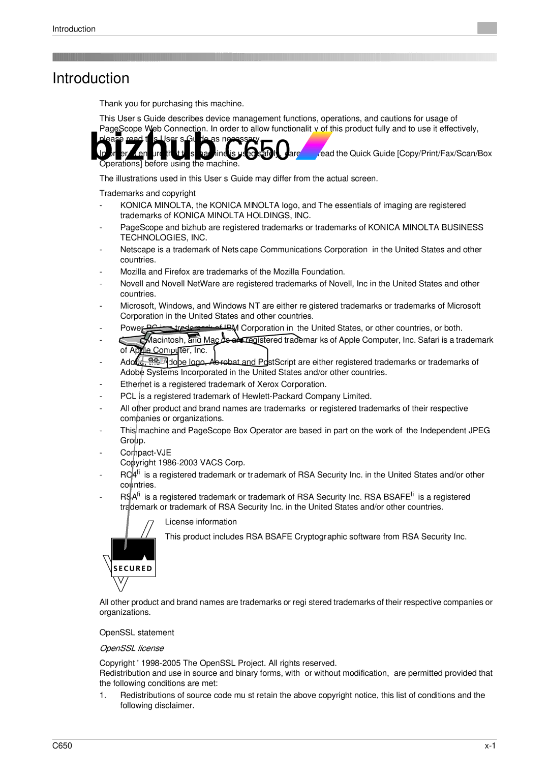 Konica Minolta C650 manual Introduction, OpenSSL statement 