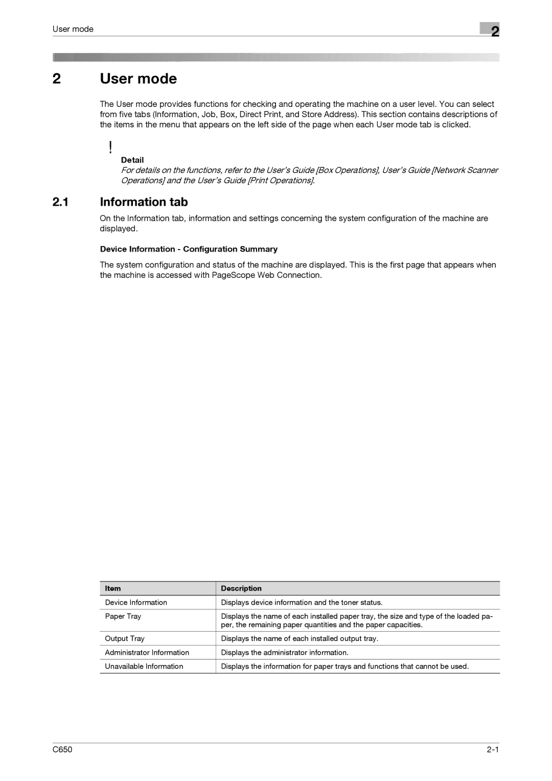 Konica Minolta C650 manual Information tab, User mode, Device Information Configuration Summary 