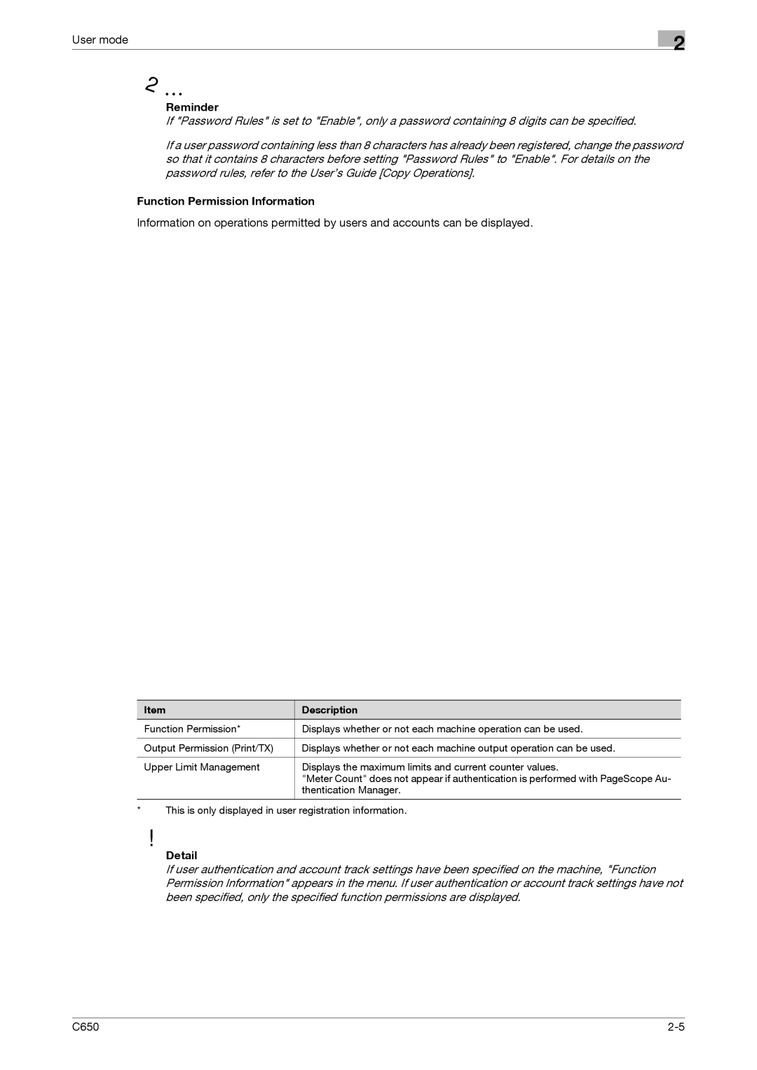 Konica Minolta C650 manual Reminder, Function Permission Information 