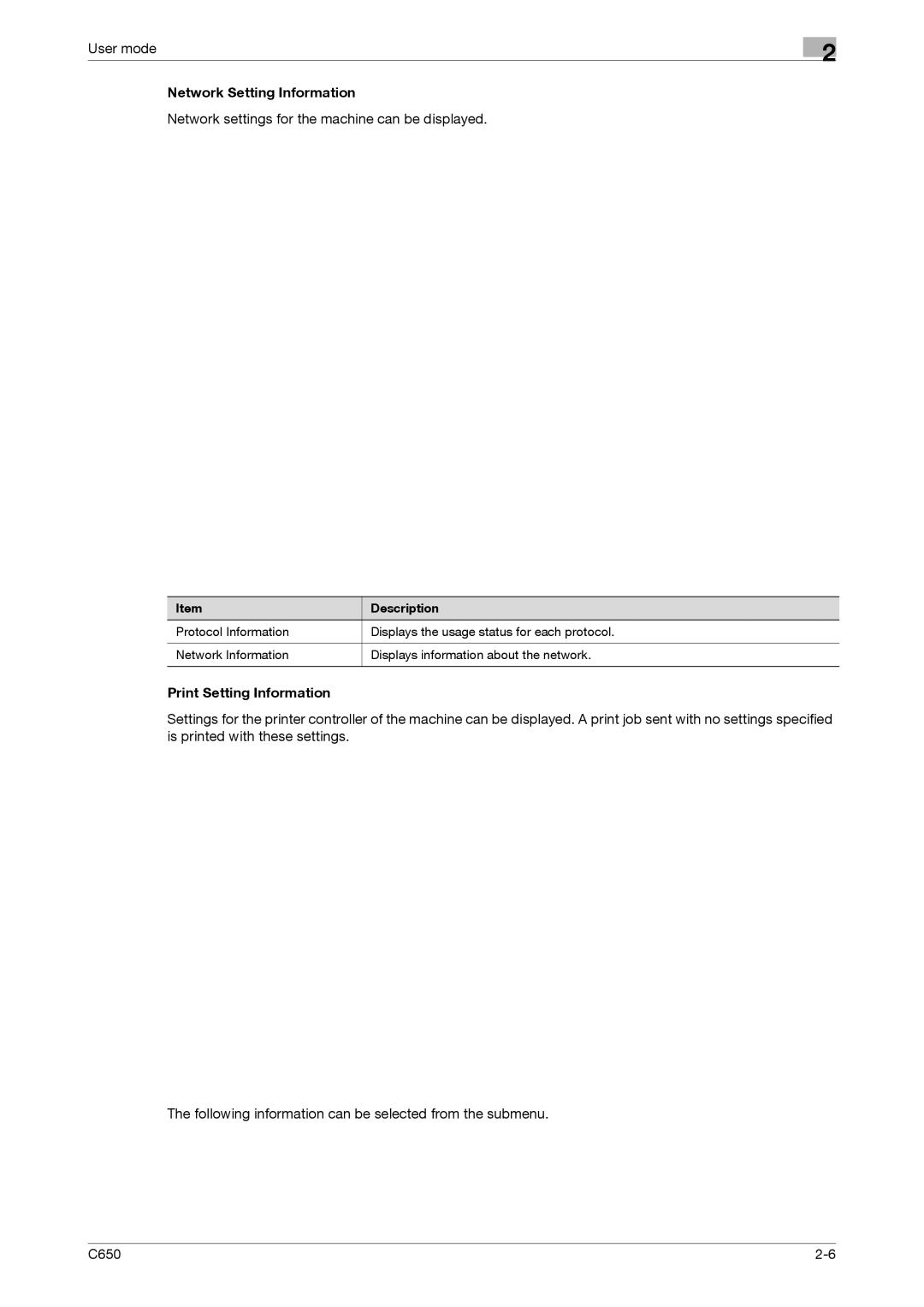 Konica Minolta C650 manual Network Setting Information, Network settings for the machine can be displayed 