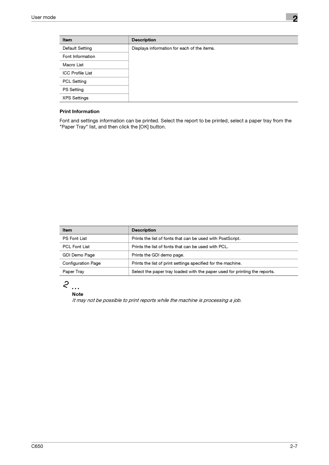 Konica Minolta C650 manual Print Information 