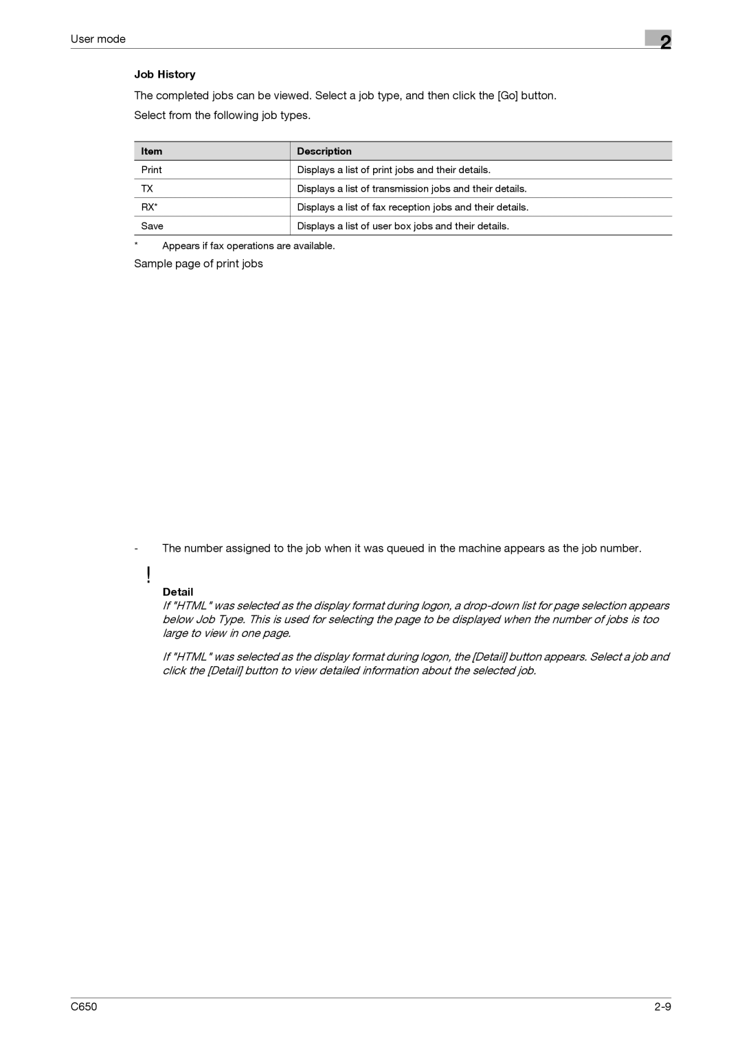 Konica Minolta C650 manual Job History 