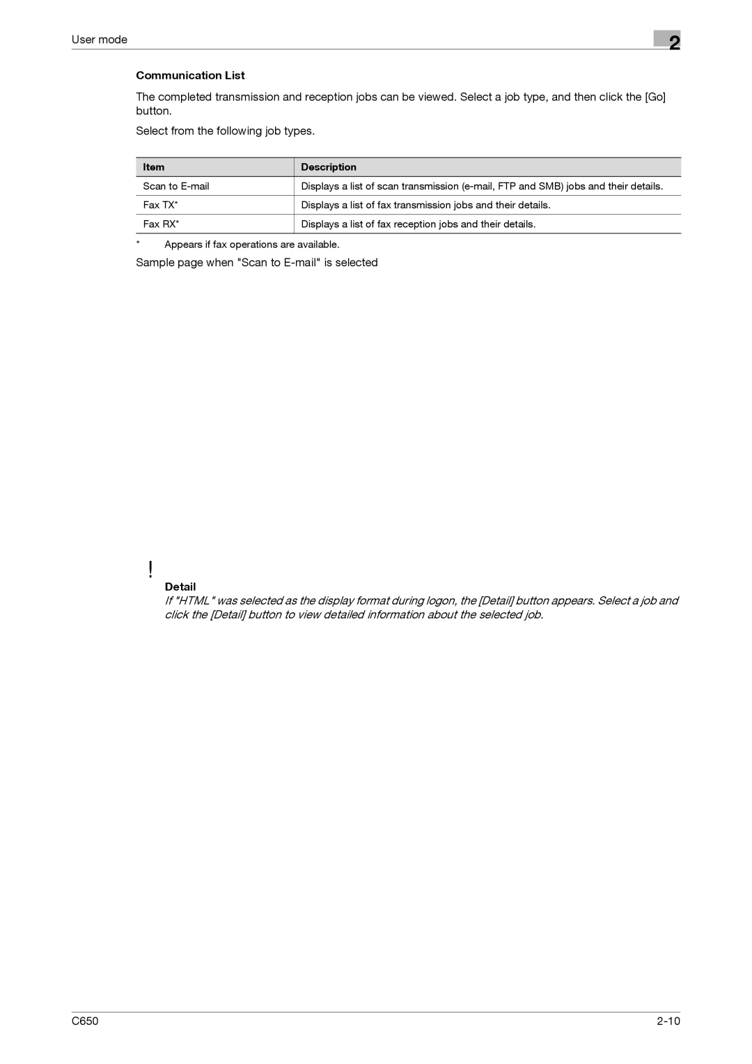 Konica Minolta C650 manual Communication List, Sample page when Scan to E-mail is selected 