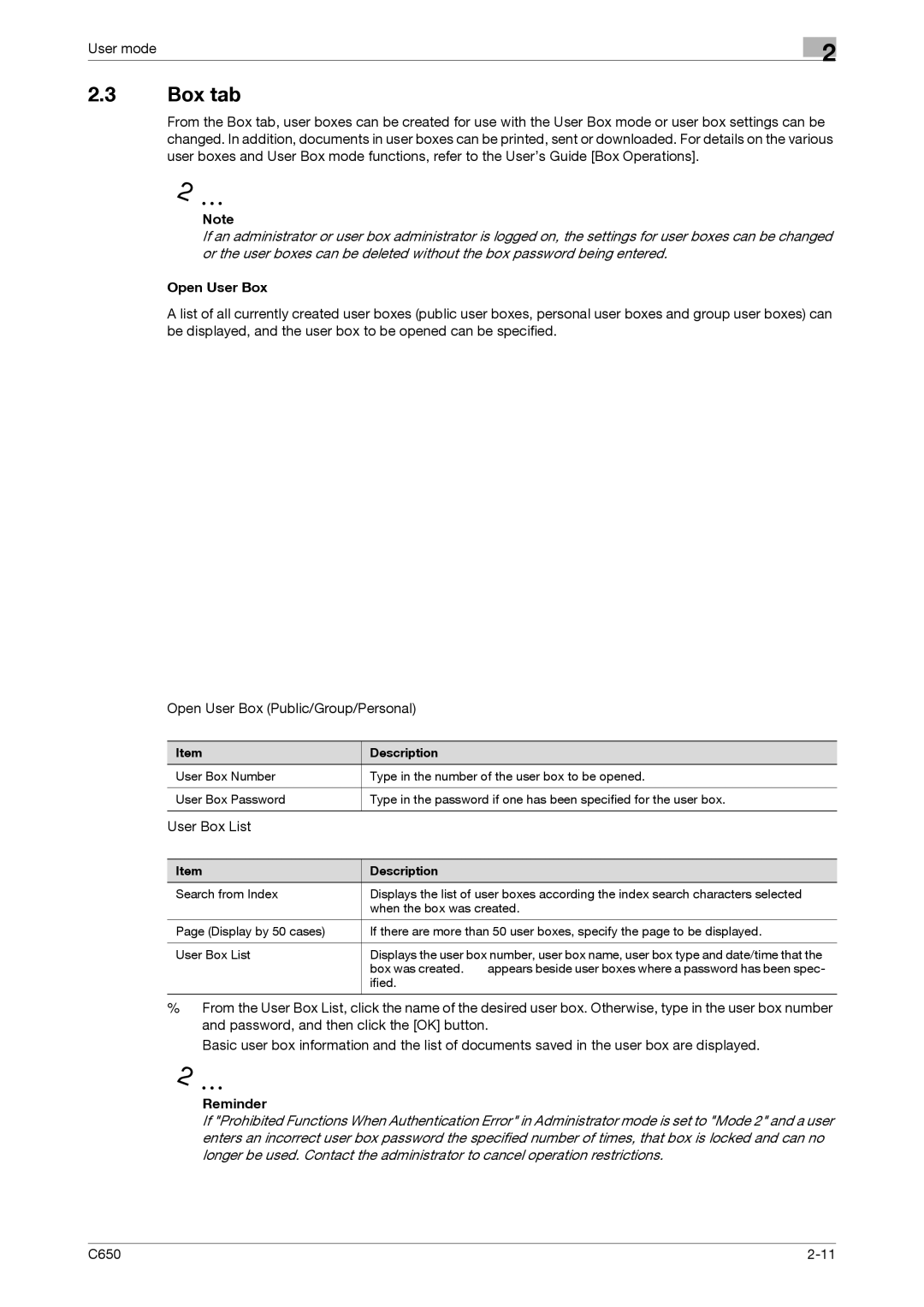 Konica Minolta C650 manual Box tab, Open User Box, User Box List 