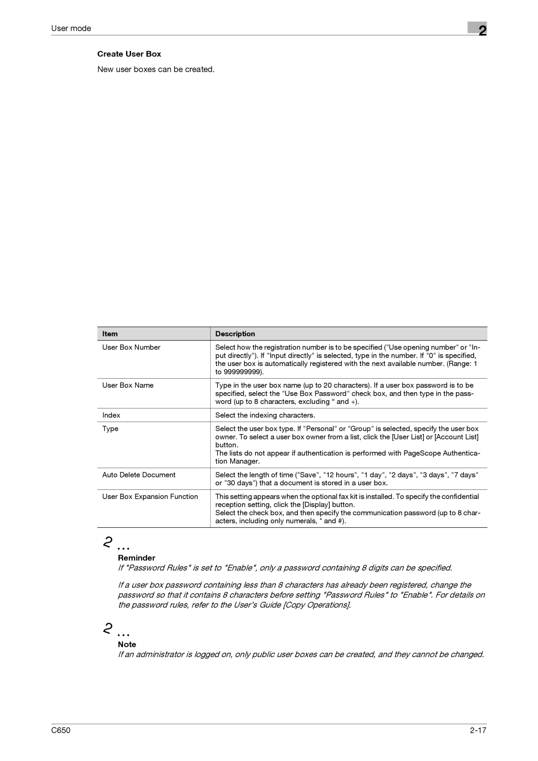 Konica Minolta C650 manual Create User Box, New user boxes can be created 