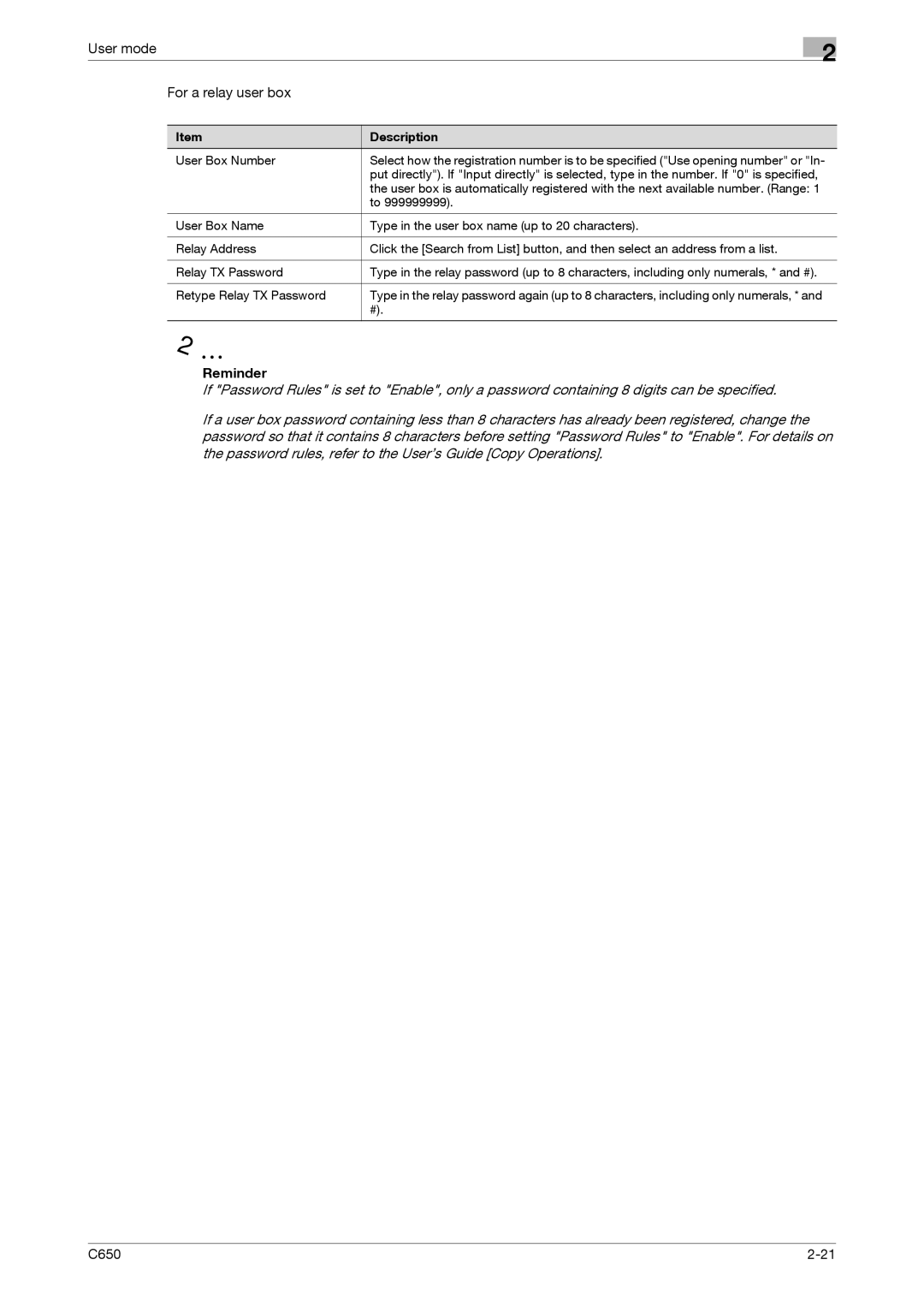 Konica Minolta C650 manual User mode For a relay user box, Reminder 