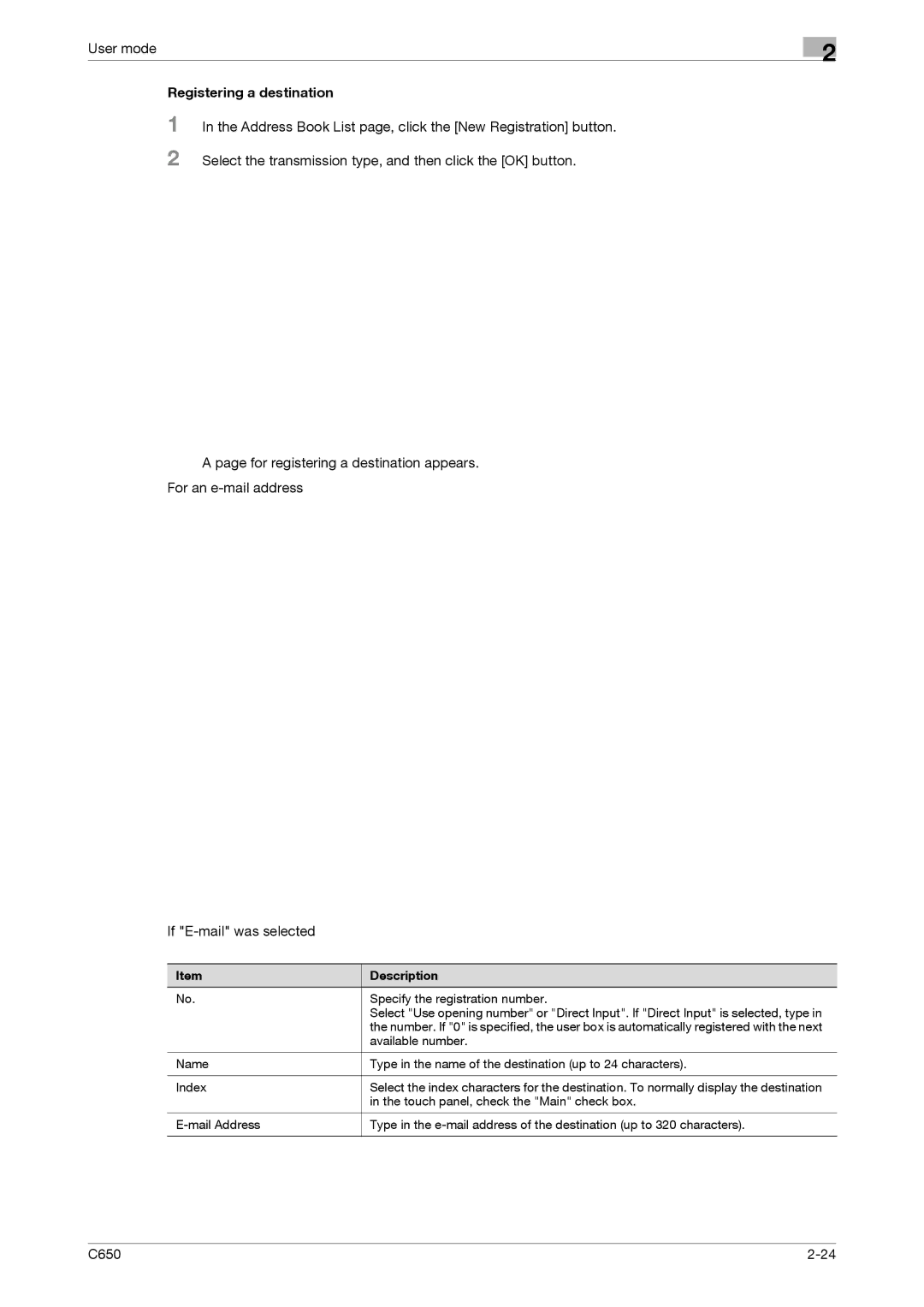 Konica Minolta C650 manual Registering a destination 