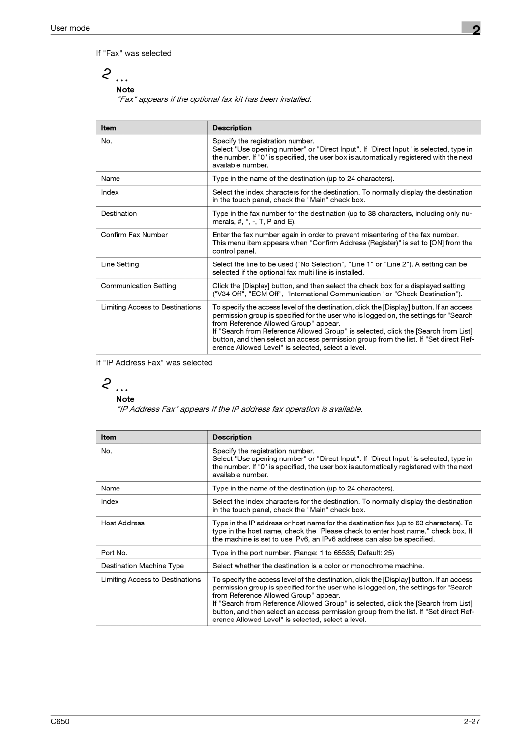 Konica Minolta C650 manual User mode If Fax was selected, If IP Address Fax was selected 