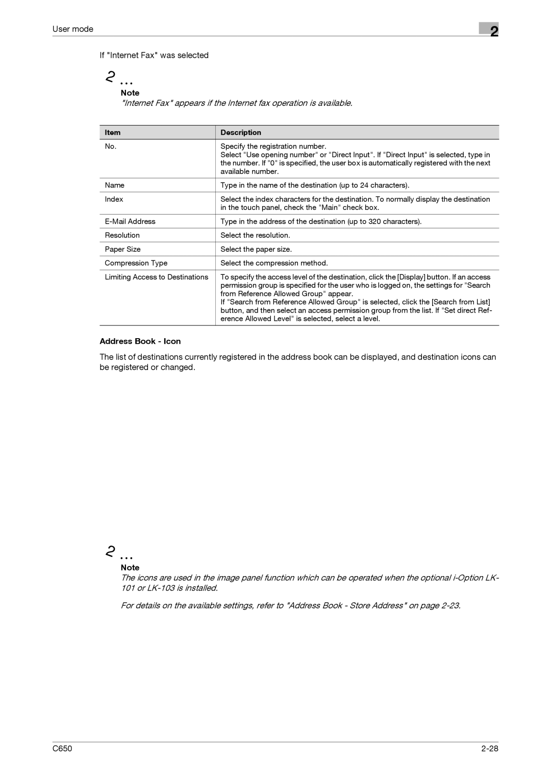 Konica Minolta C650 manual User mode If Internet Fax was selected, Address Book Icon 