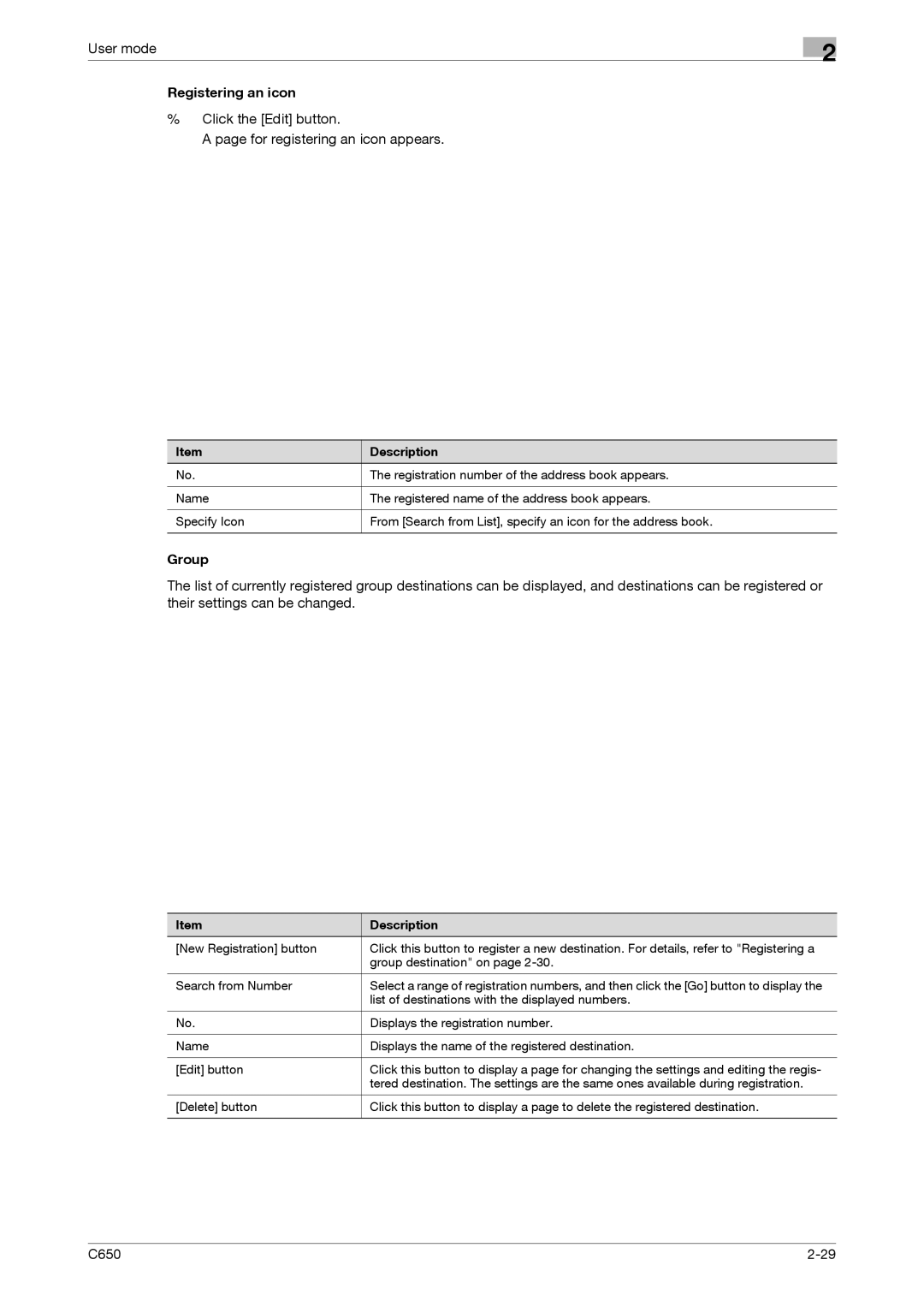 Konica Minolta C650 manual Registering an icon, Click the Edit button For registering an icon appears, Group 