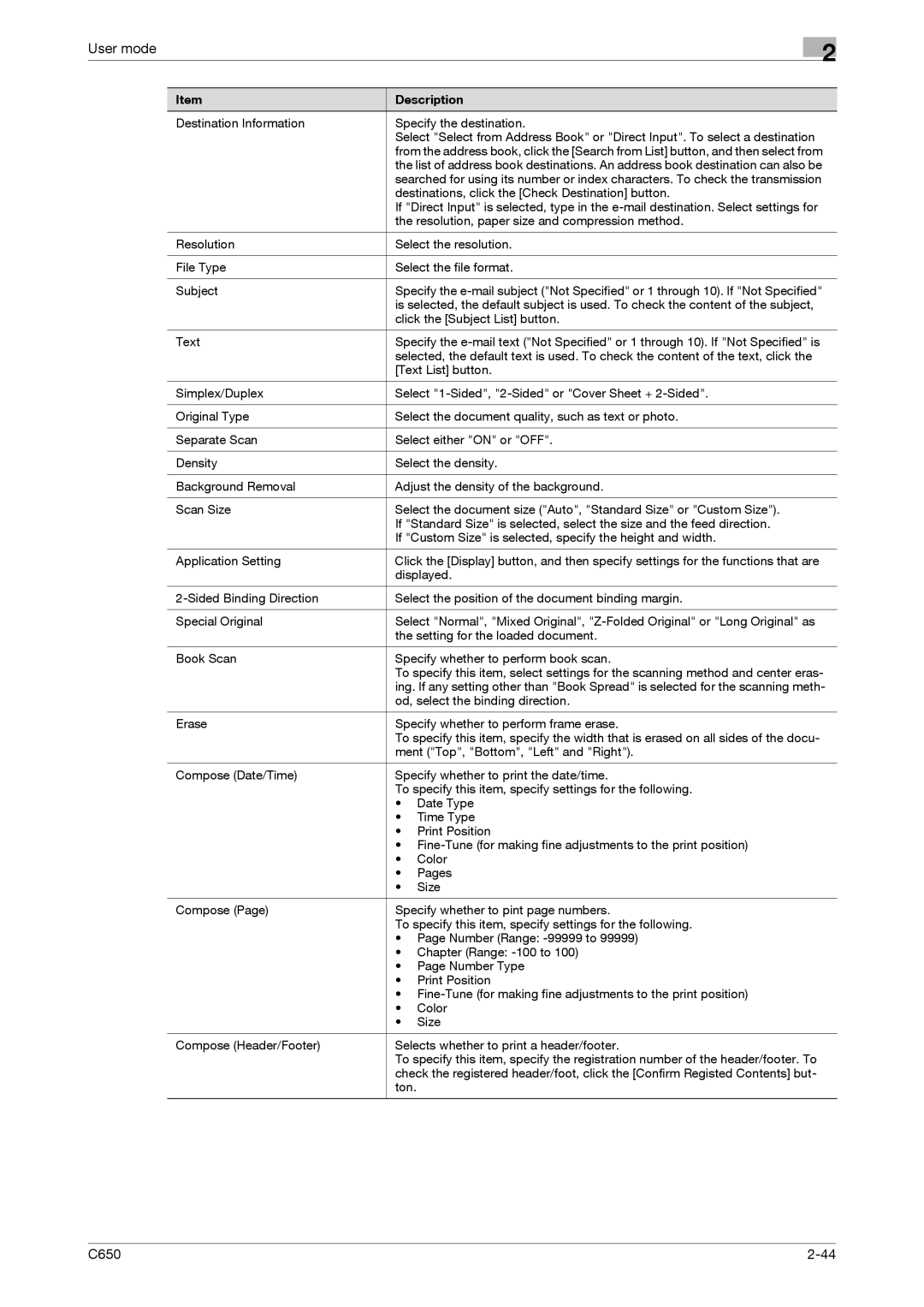 Konica Minolta C650 manual Resolution, paper size and compression method 