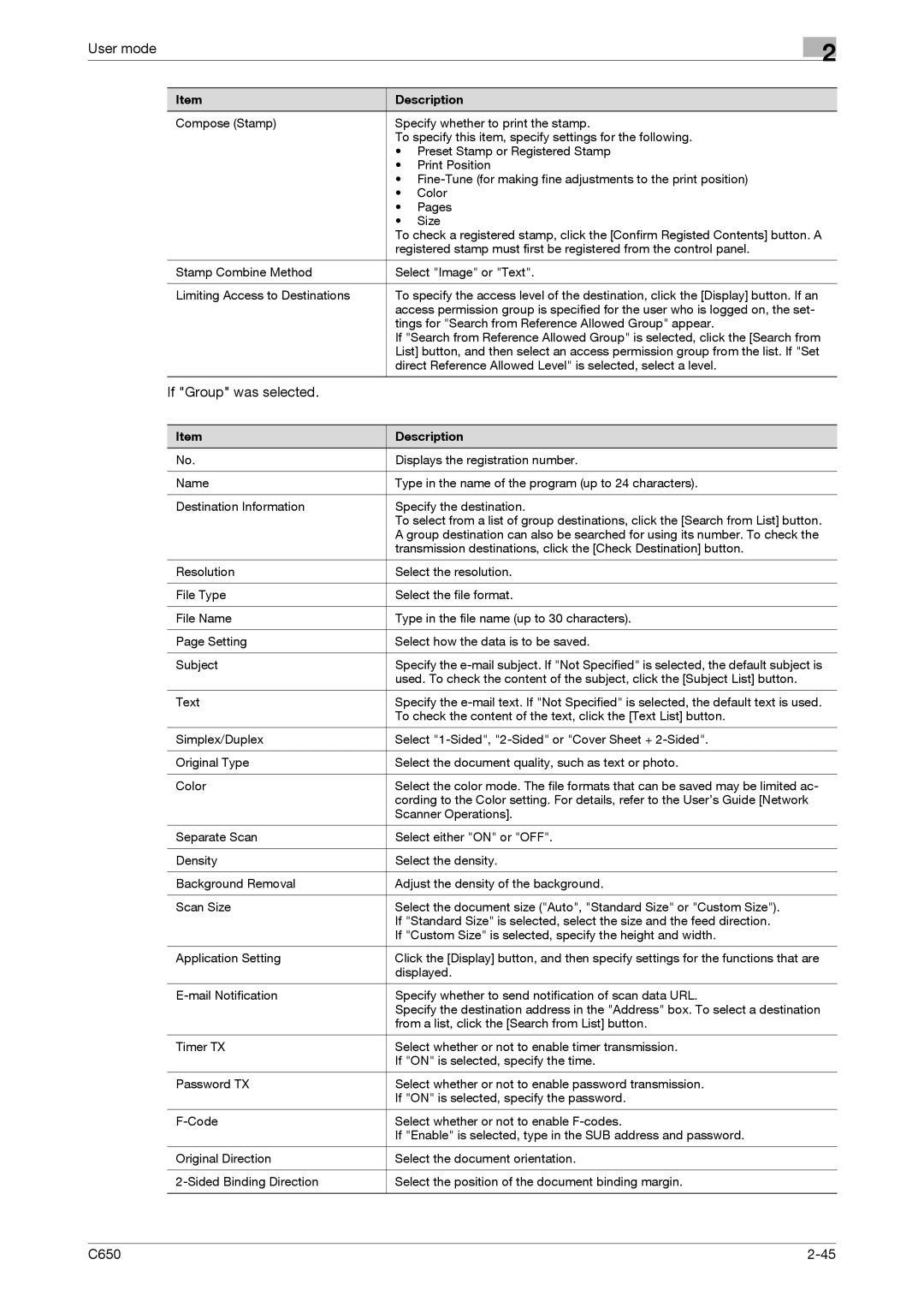 Konica Minolta C650 manual If Group was selected 