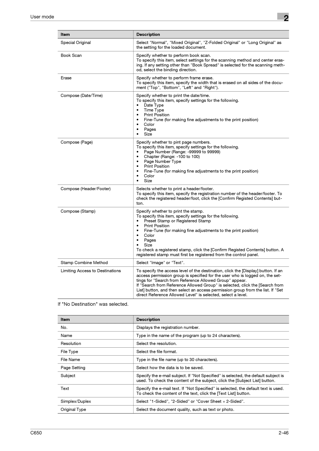 Konica Minolta C650 manual If No Destination was selected 